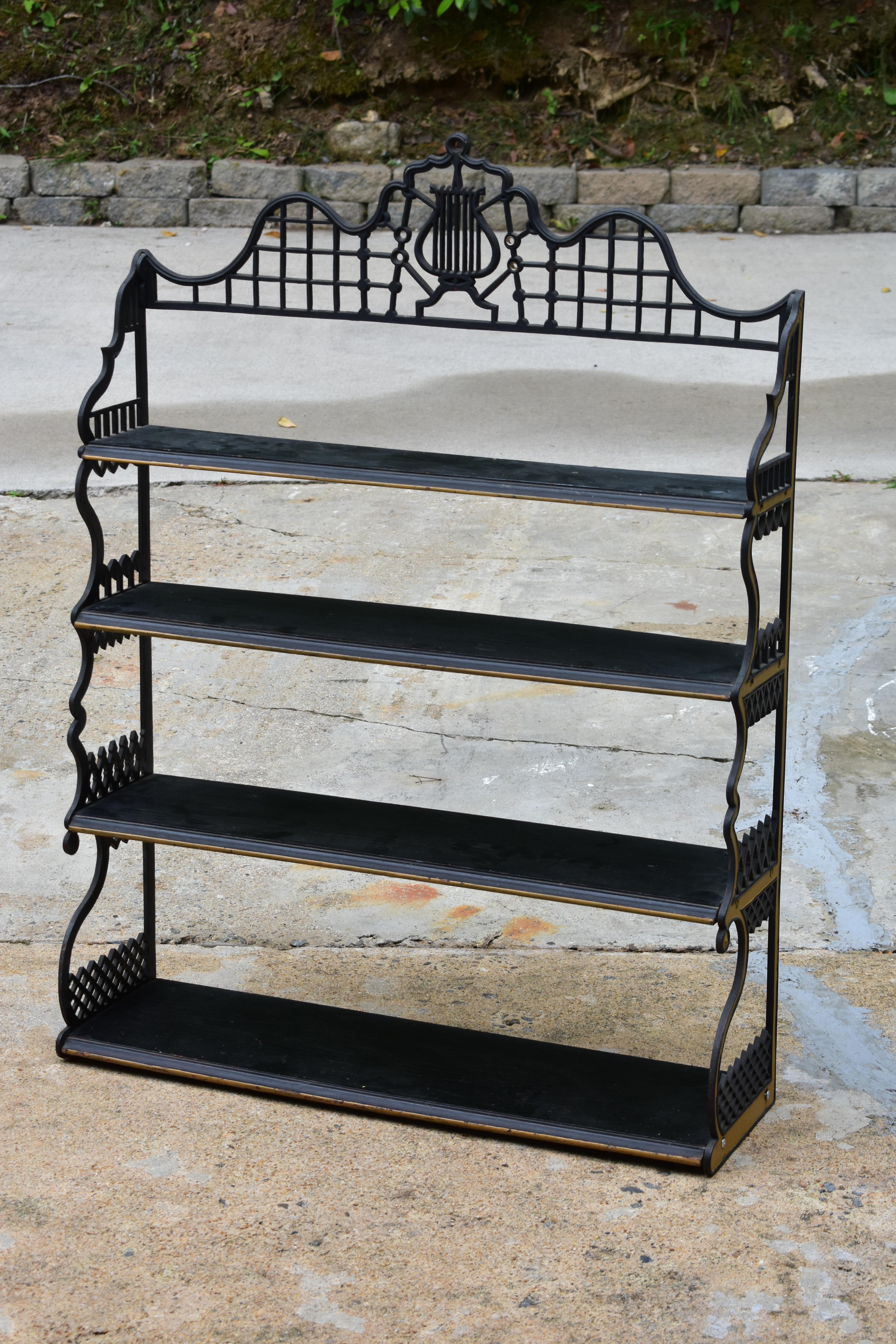 Rare Classical hanging shelf, unique to my experience as a dealer for over 40 years, Iron and black painted wood, 31
