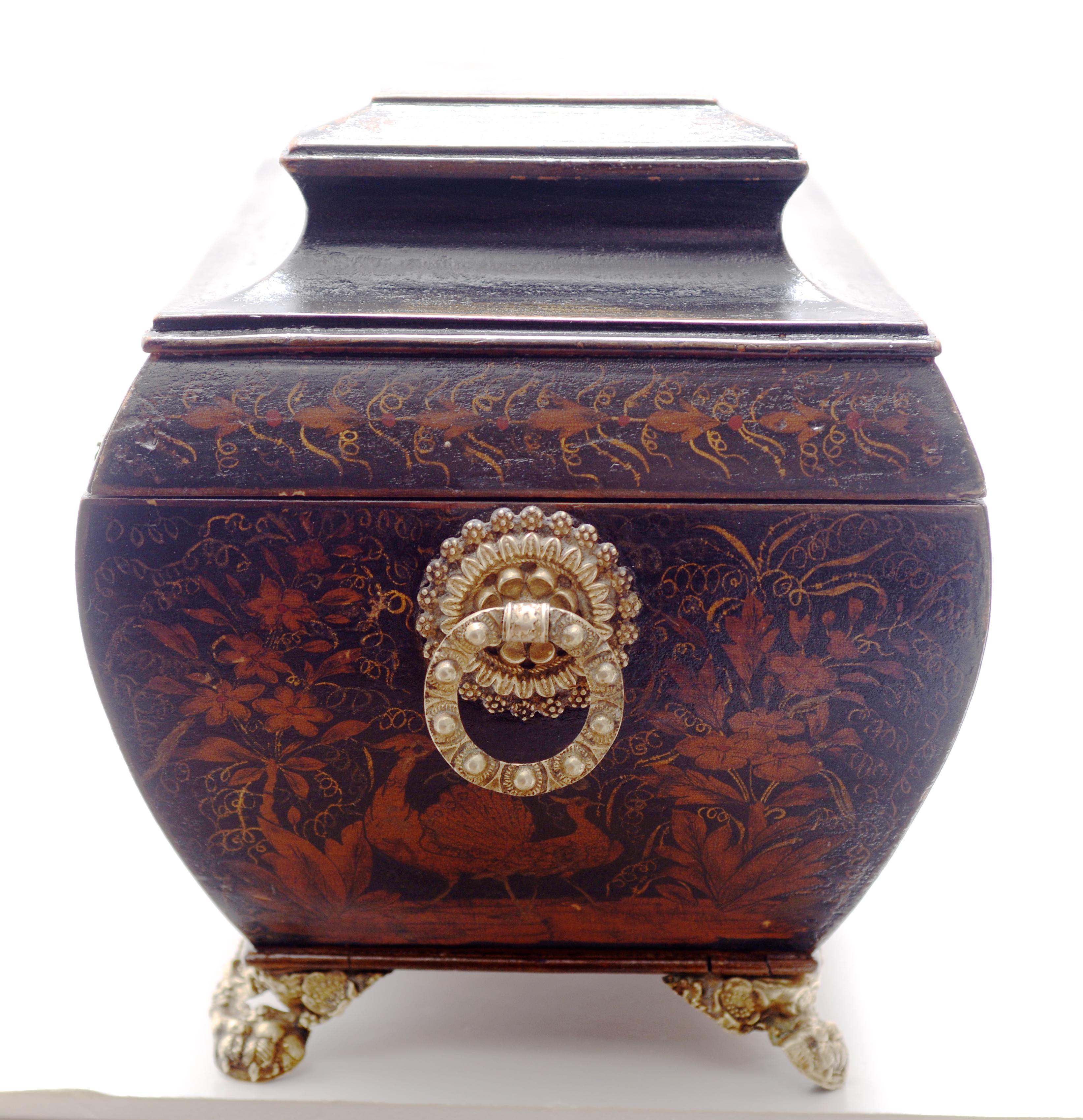 English Late Geo III Chinoiserie Painted & Penwork Decorated Bombé Shaped Tea Caddy