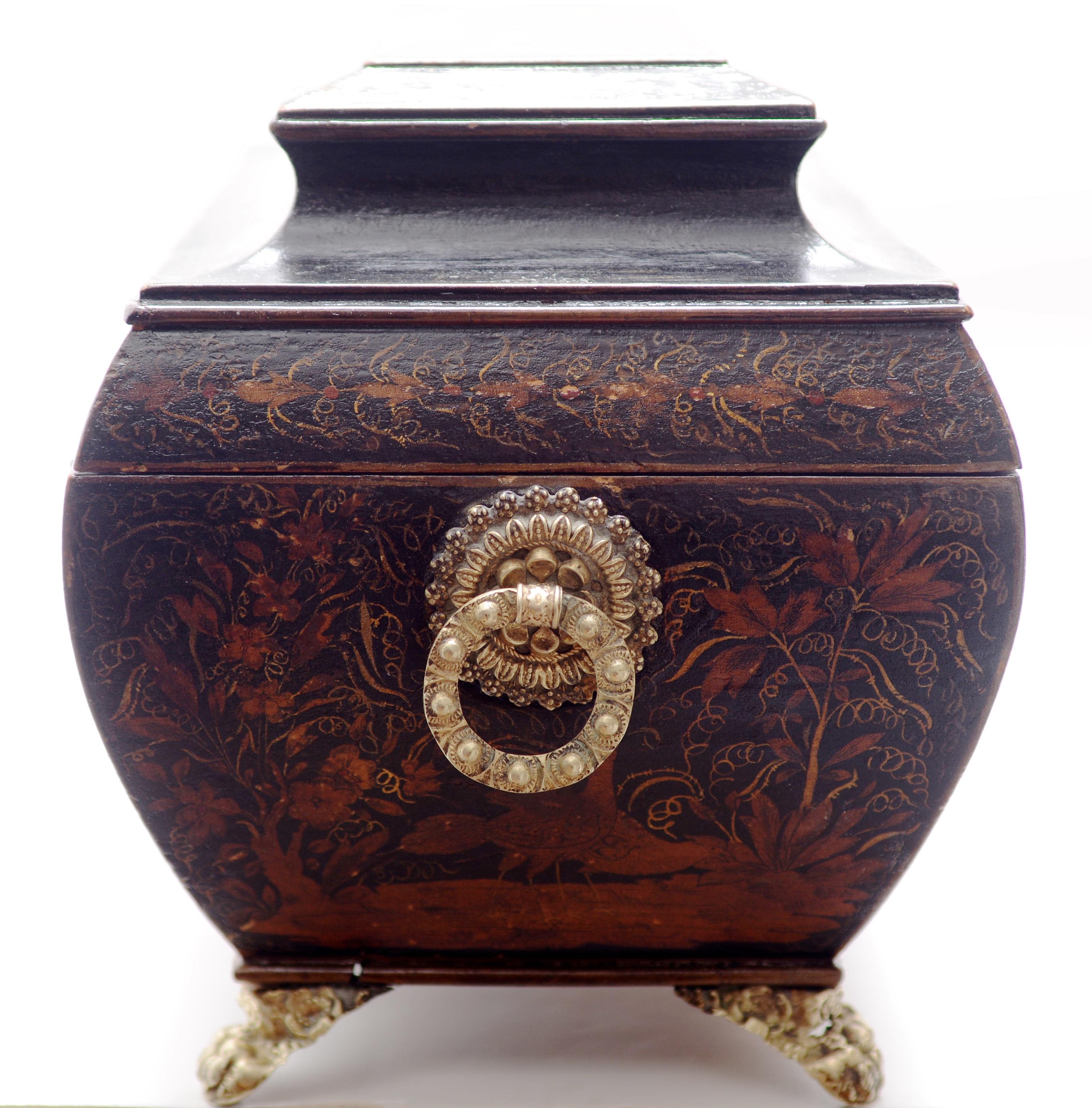 Late Geo III Chinoiserie Painted & Penwork Decorated Bombé Shaped Tea Caddy In Good Condition In valatie, NY