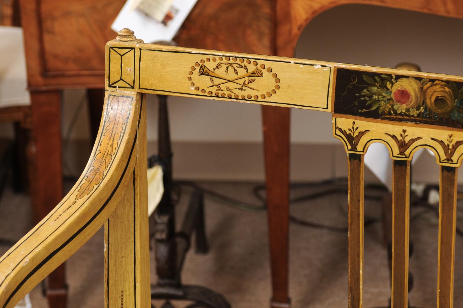 Spätes englisches ockerfarben bemaltes und mit Rohrgeflecht versehenes Sofa von George III. um 1820 (Gehstock) im Angebot