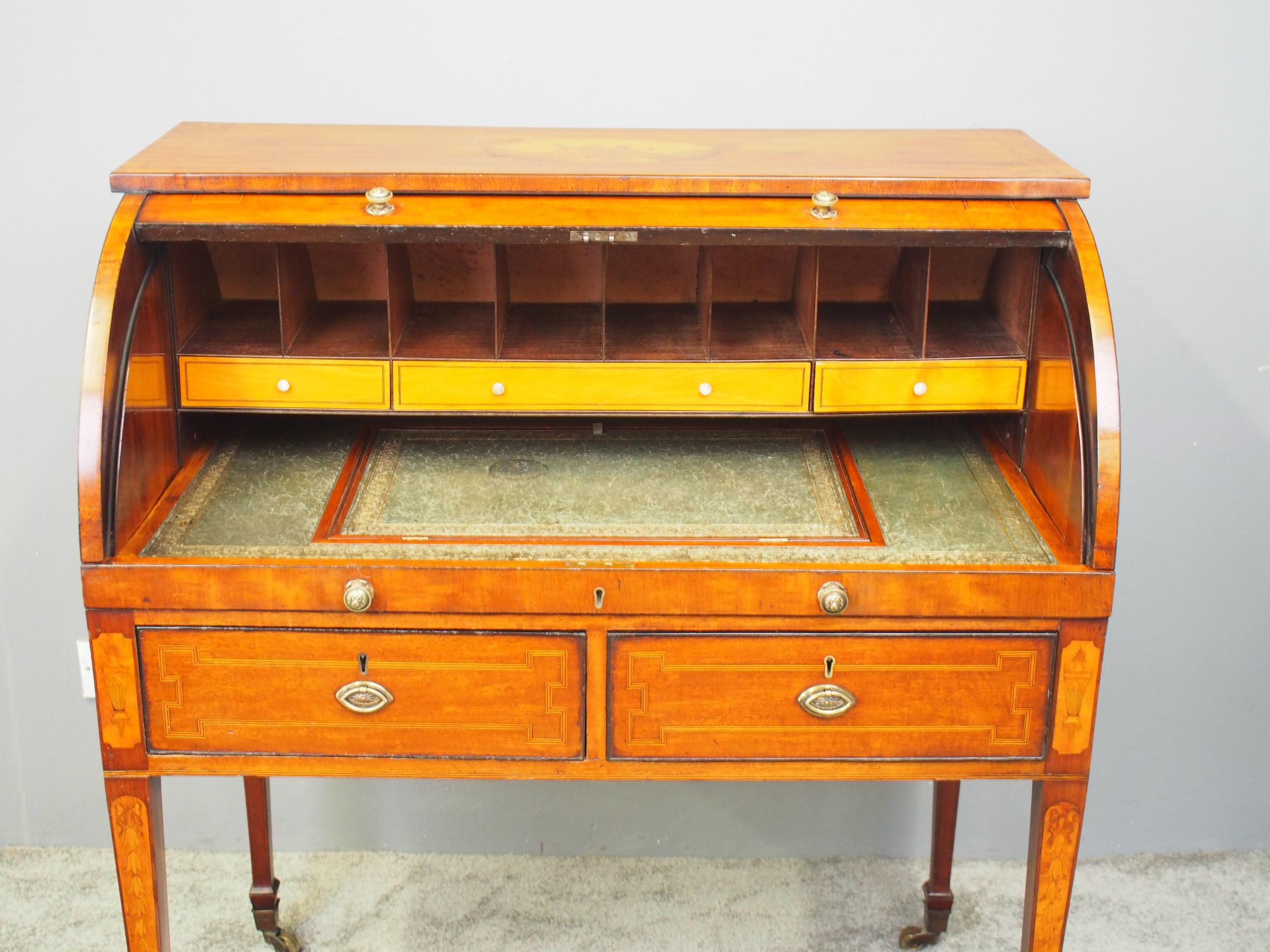 19th Century Late George III Mahogany and Inlaid Cylinder Desk by T. Willson, London For Sale