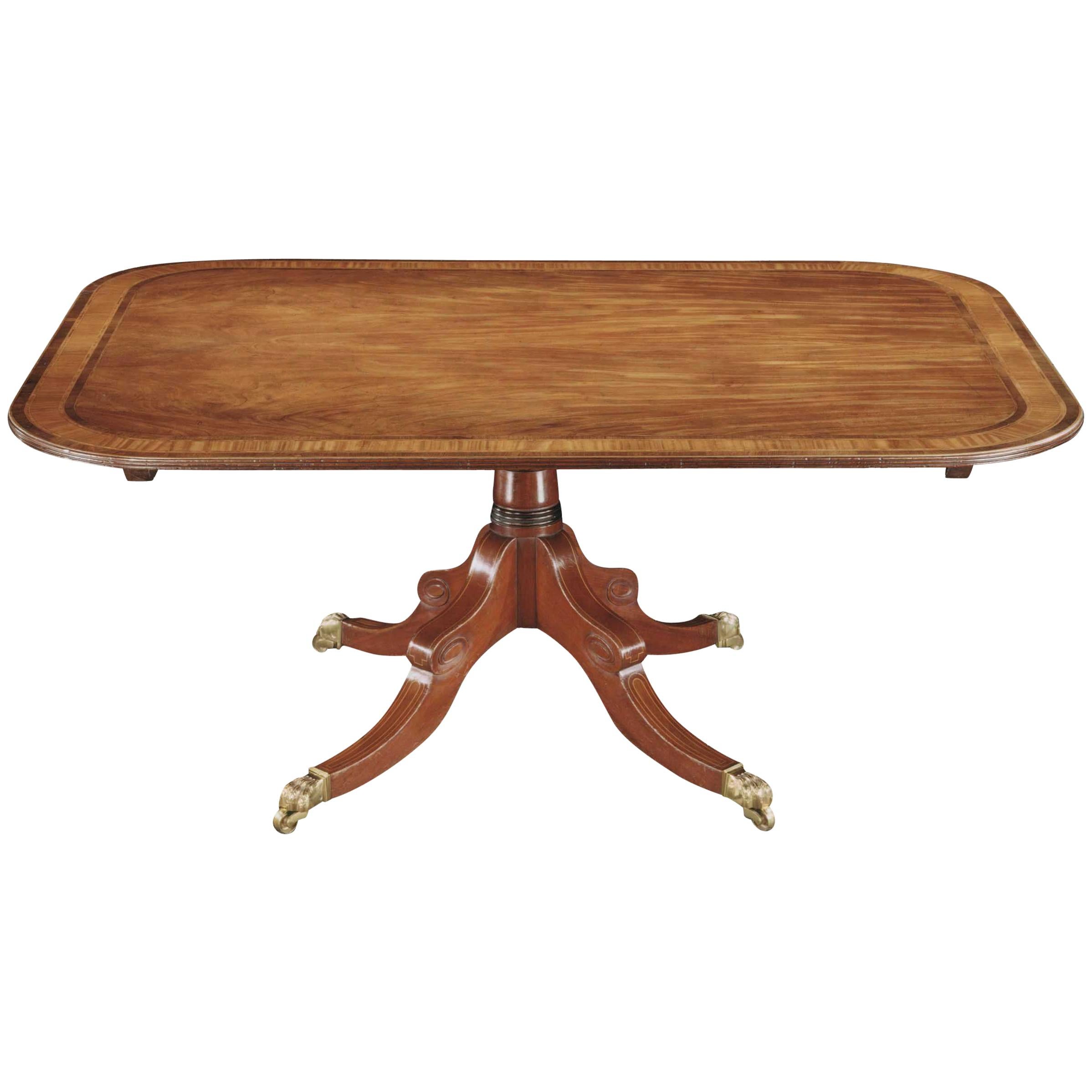 Late George III Mahogany and Satinwood Inlaid Centre Pedestal Dining Table For Sale