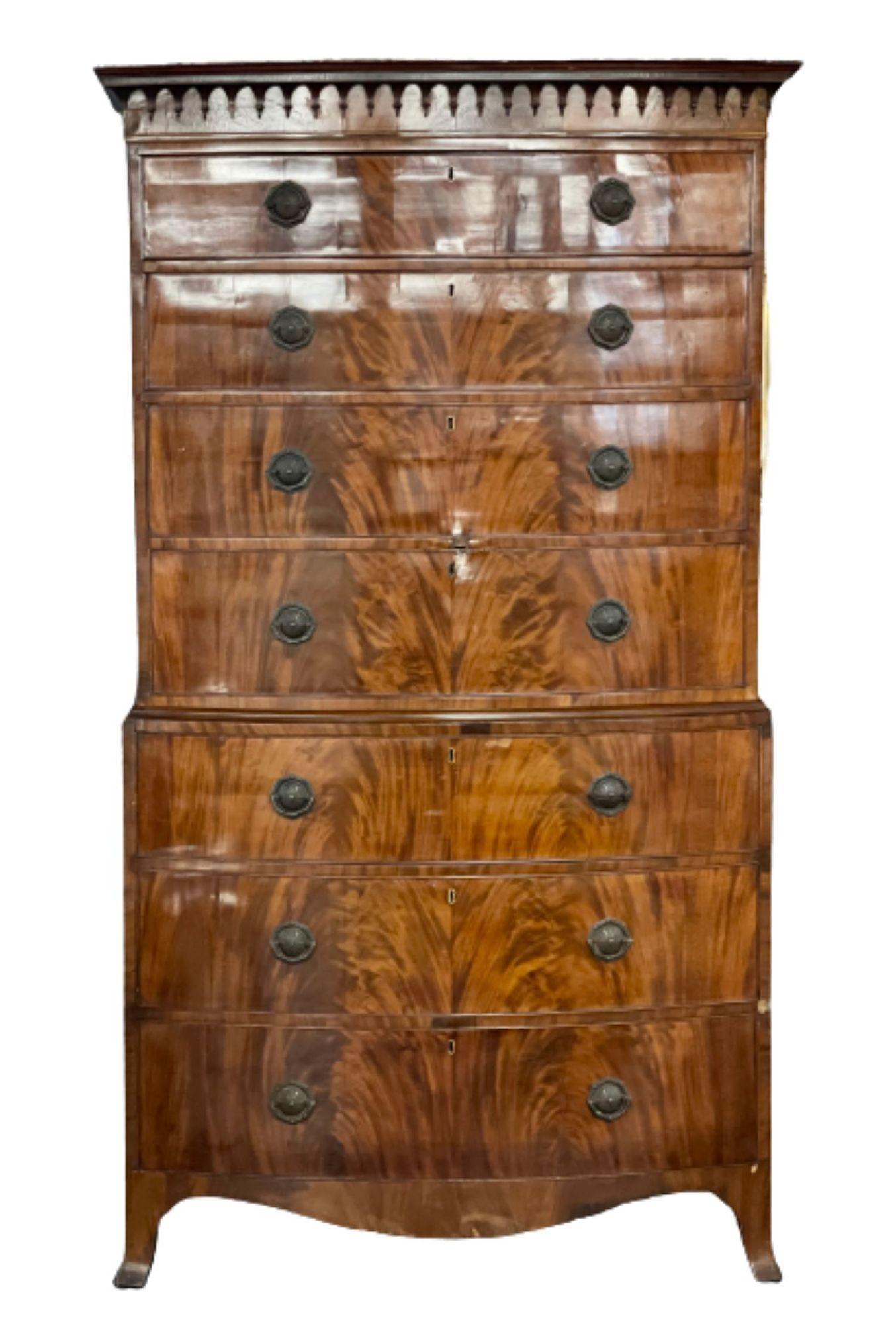 19th century late george III Mahogany bowfront chest on chest
 
A flame Mahogany chest on chest, late 19th century having a lower case supporting an upper chest both having grauduating drawers with original pulls. The chest maintaining its
