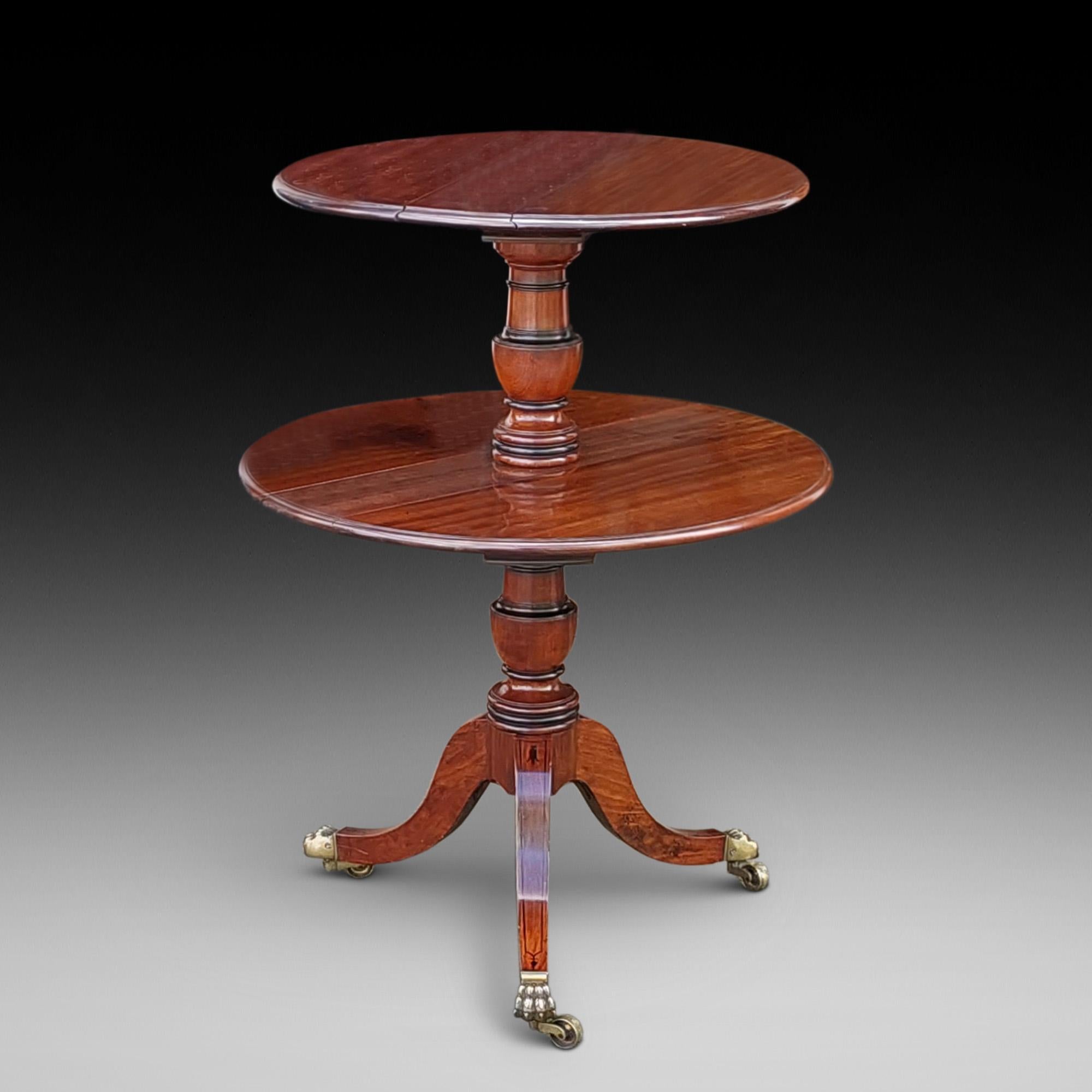 Late George III Mahogany Folding Dumb Waiter Whatnot with 2 tiers supported by turned baluster column on tripod sabre legs with ebony inlay on brass lion paw cup castors - 25