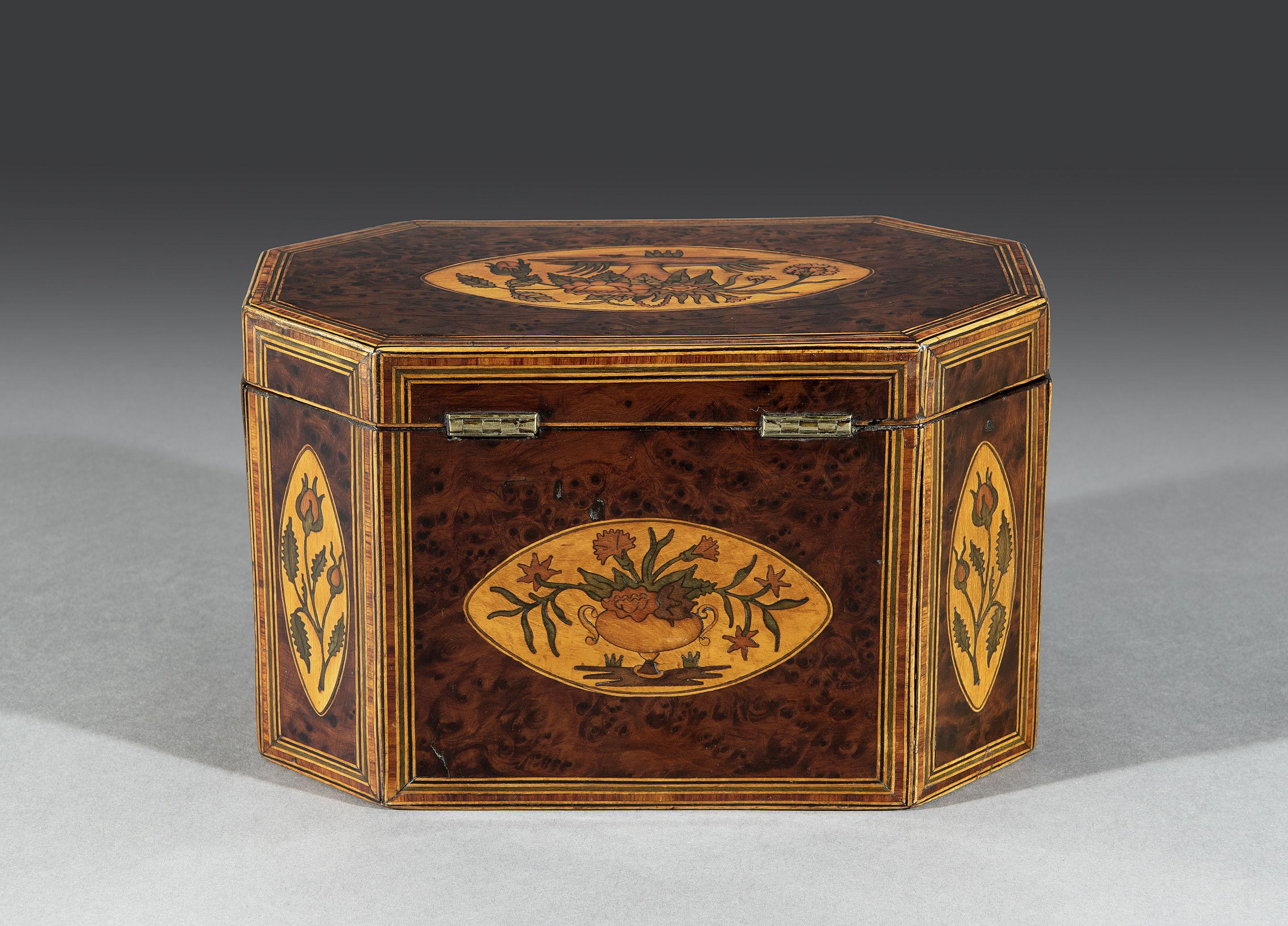 English Late George III Period Burr Yew Inlaid Floral Marquetry Octagonal Tea Caddy For Sale