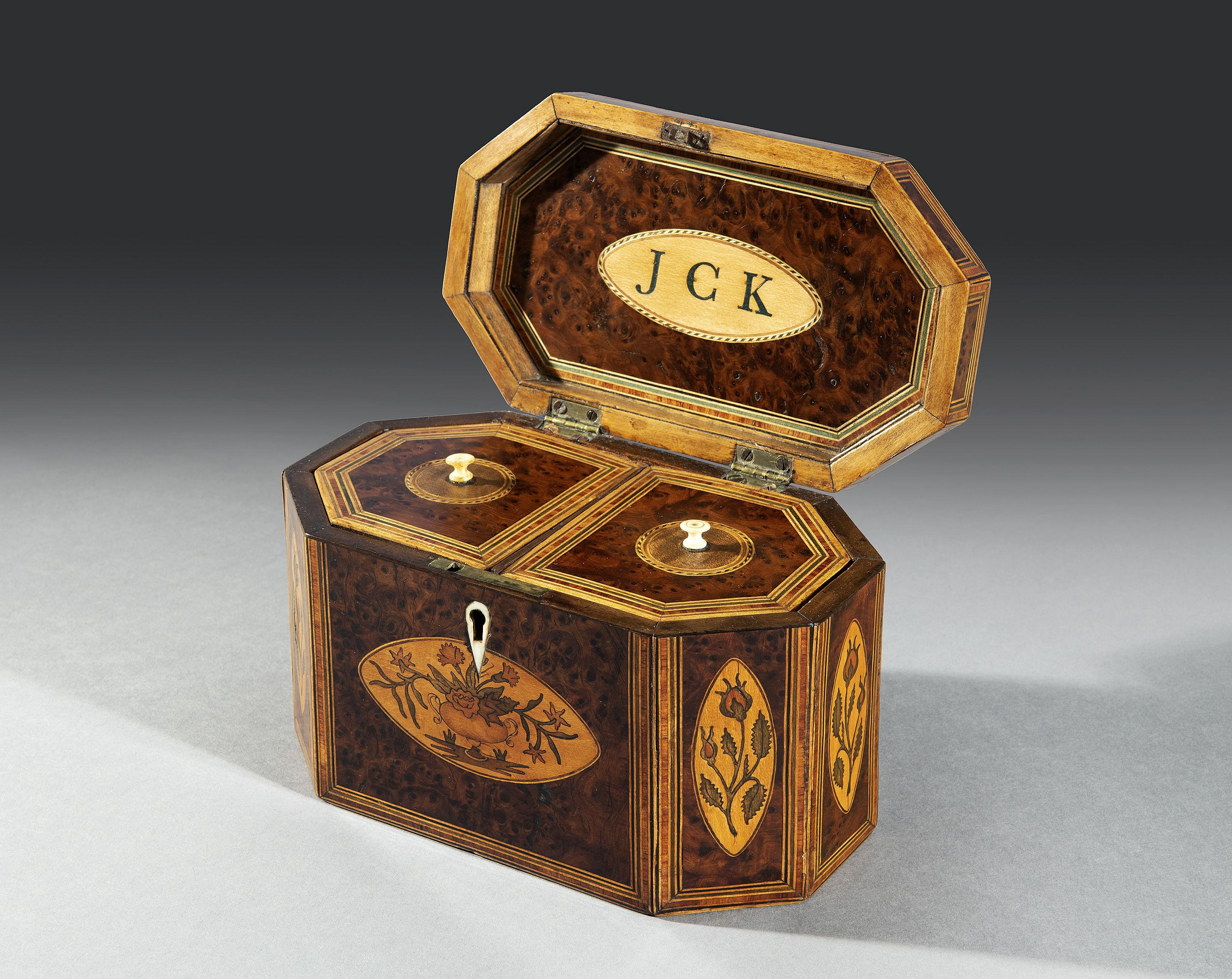Early 19th Century Late George III Period Burr Yew Inlaid Floral Marquetry Octagonal Tea Caddy For Sale