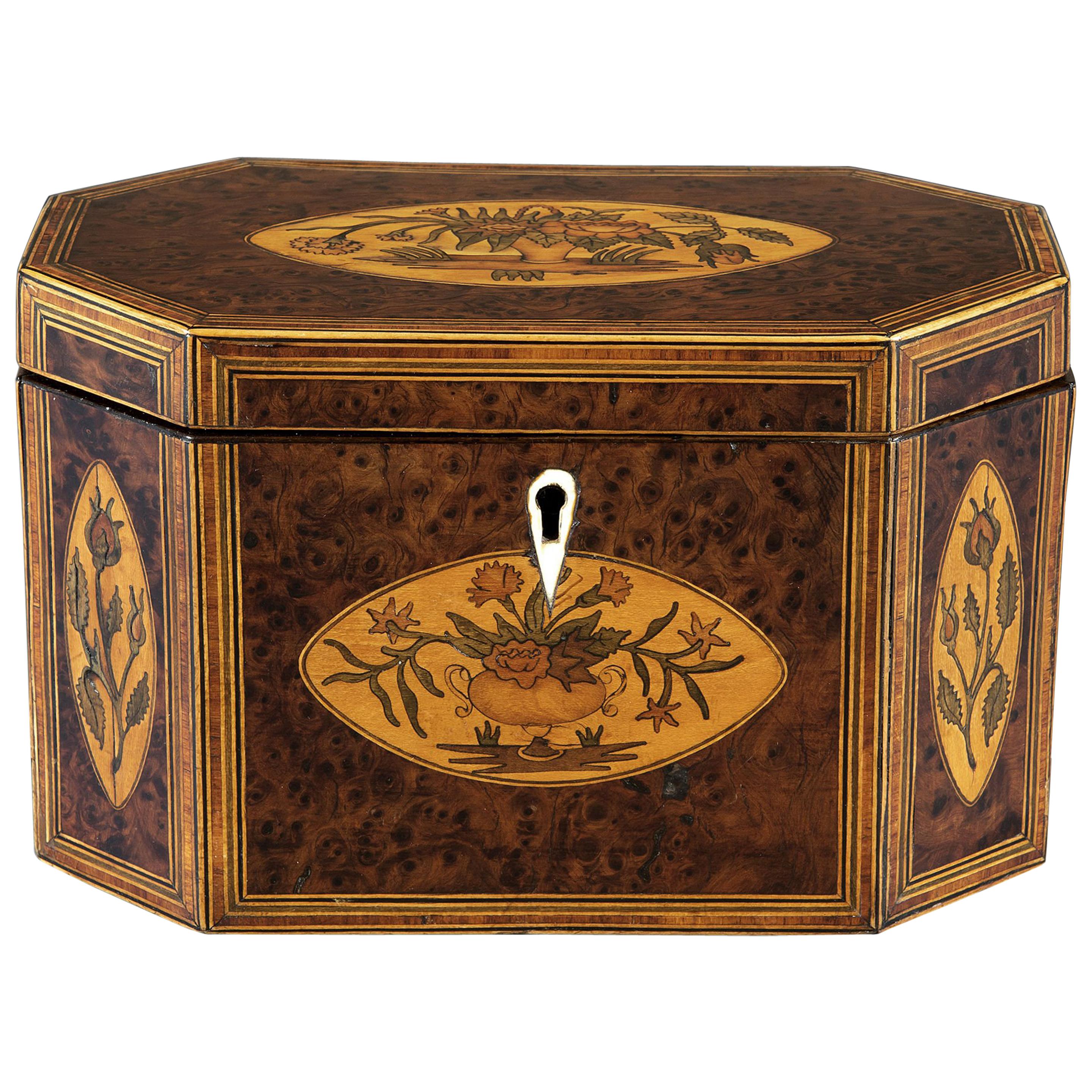 Late George III Period Burr Yew Inlaid Floral Marquetry Octagonal Tea Caddy For Sale