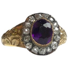 Late Georgian Amethyst and Rose Cut Diamond 15 Carat Gold Cluster Ring