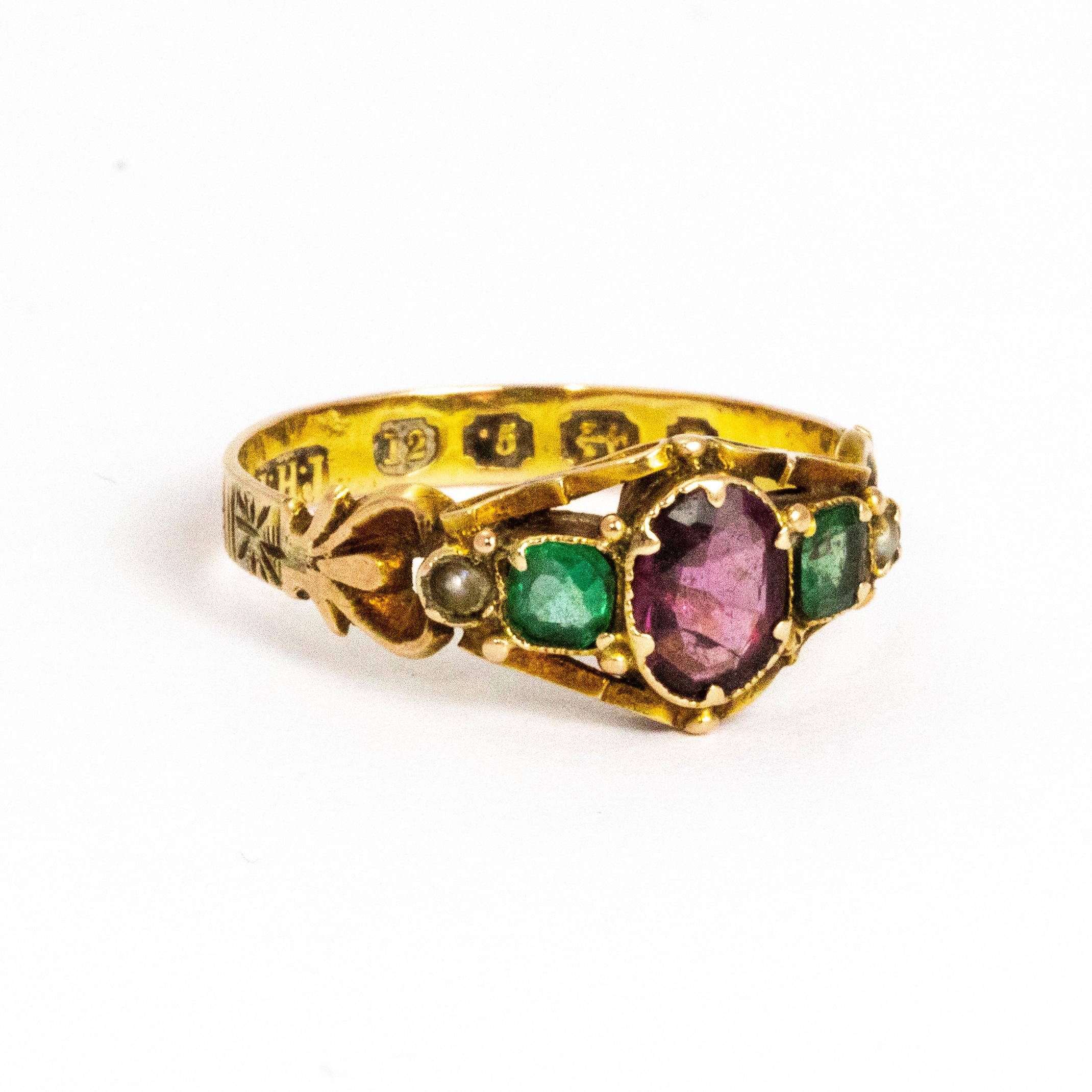 Women's Late Georgian Amethyst, Emerald and Pearl 12 Carat Gold Ring