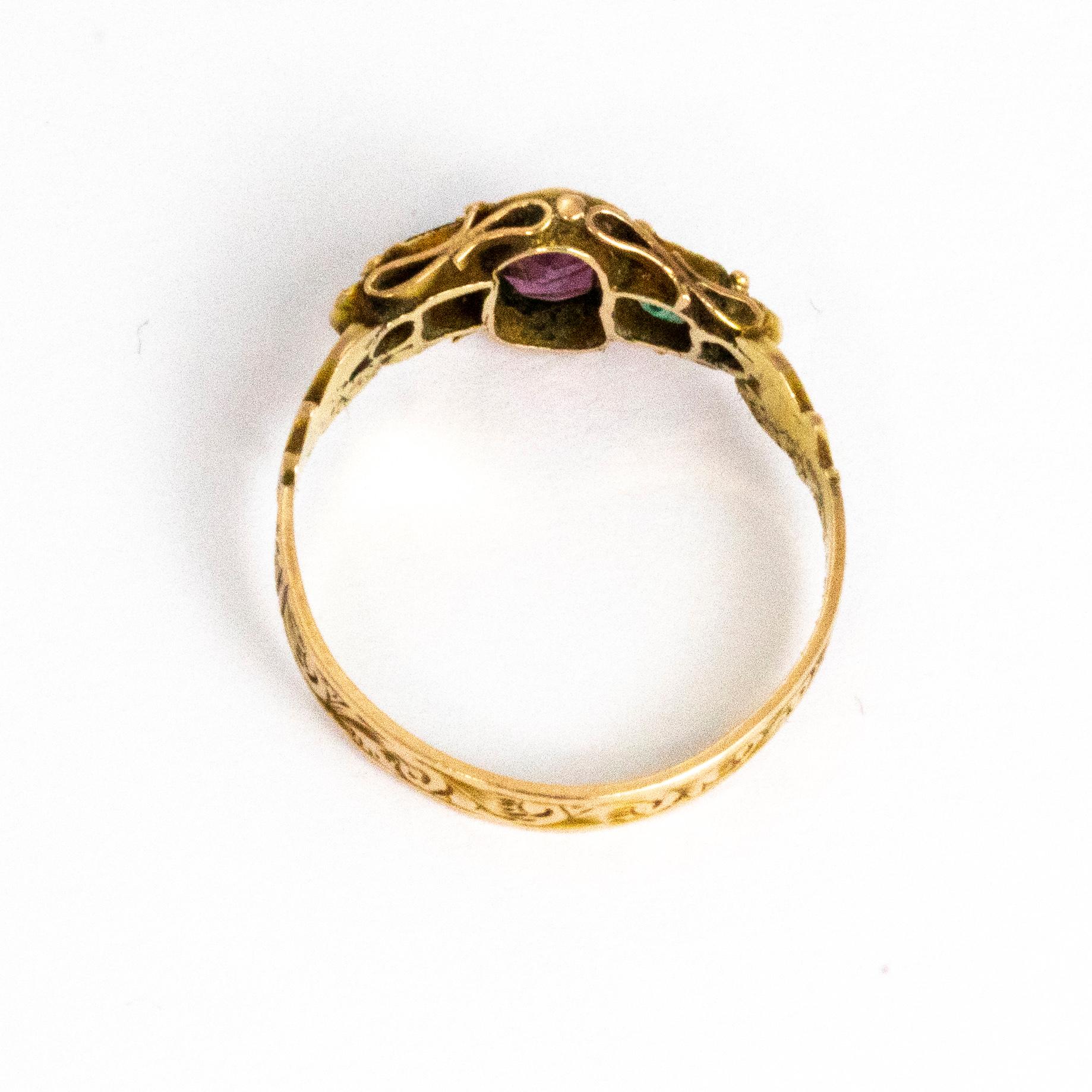 Late Georgian Amethyst, Emerald and Pearl 12 Carat Gold Ring 1
