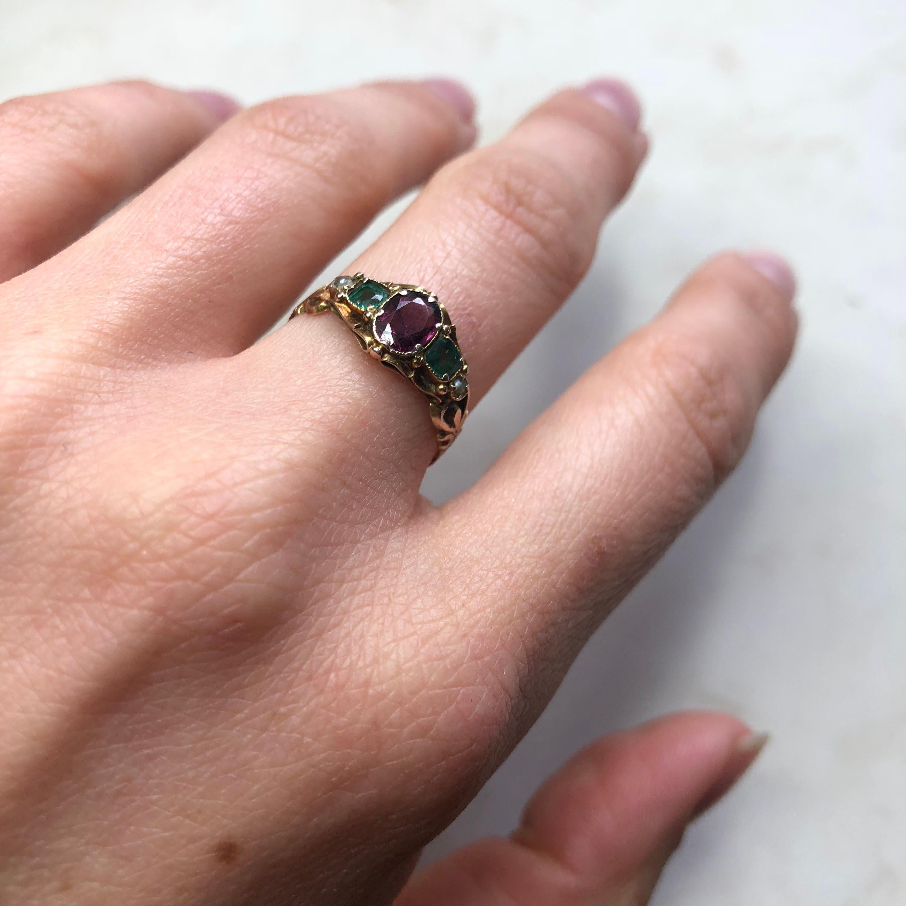 Late Georgian Amethyst, Emerald and Pearl 12 Carat Gold Ring 2