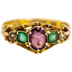 Antique Late Georgian Amethyst, Emerald and Pearl 12 Carat Gold Ring