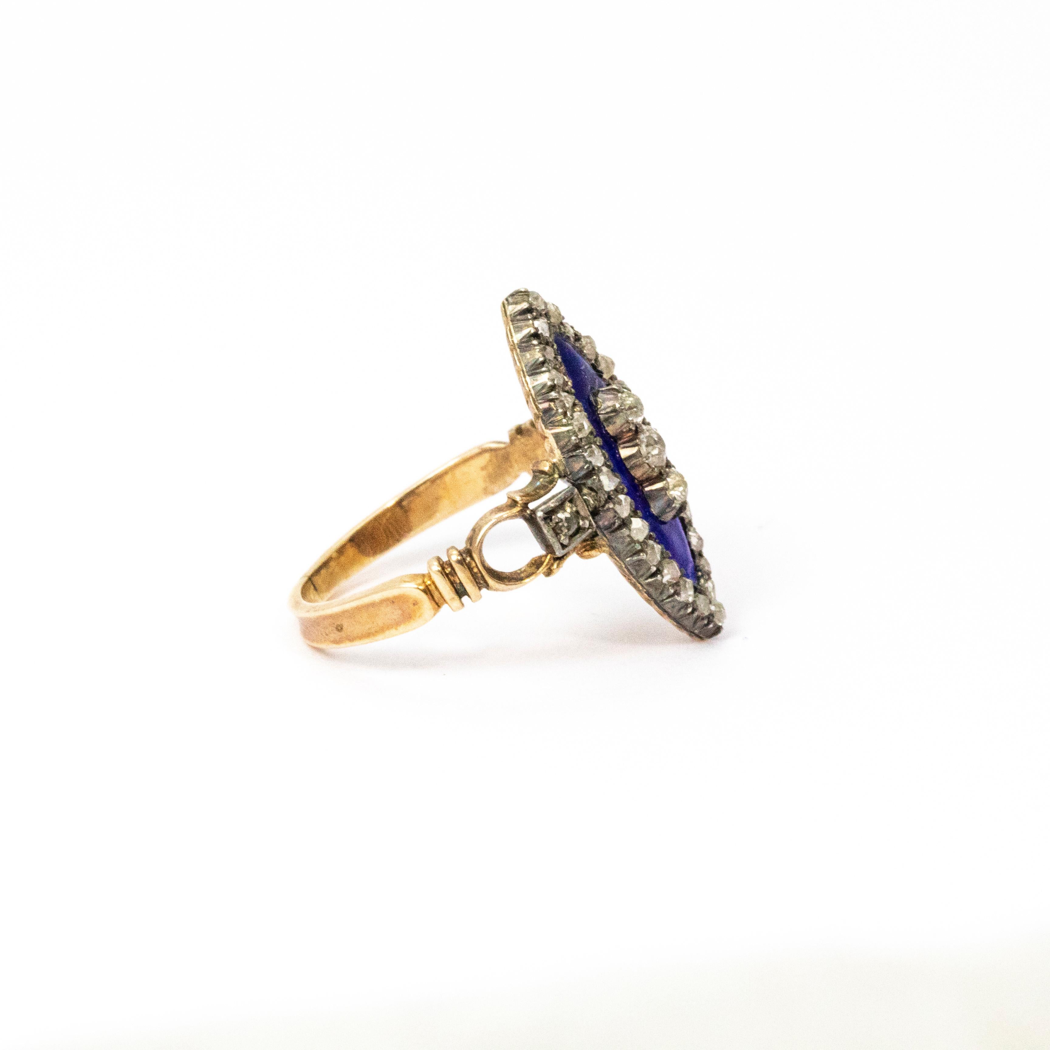 Old European Cut Late Georgian Blue Enamel and Diamond 18 Karat Gold Ring