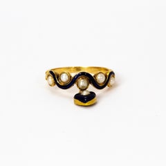 Late Georgian Blue Enamel and Pearl Hanging Heart 15 Karat Gold Ring