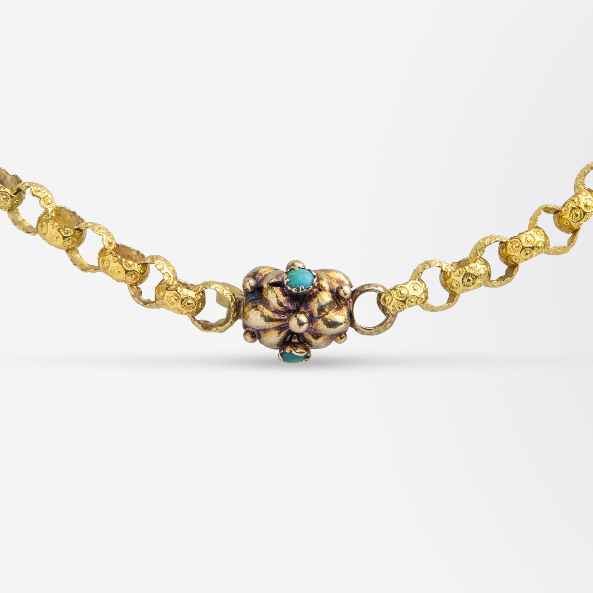 Women's or Men's Late Georgian/Early Victorian 18 Karat Gold & Turquoise Muff Chain For Sale