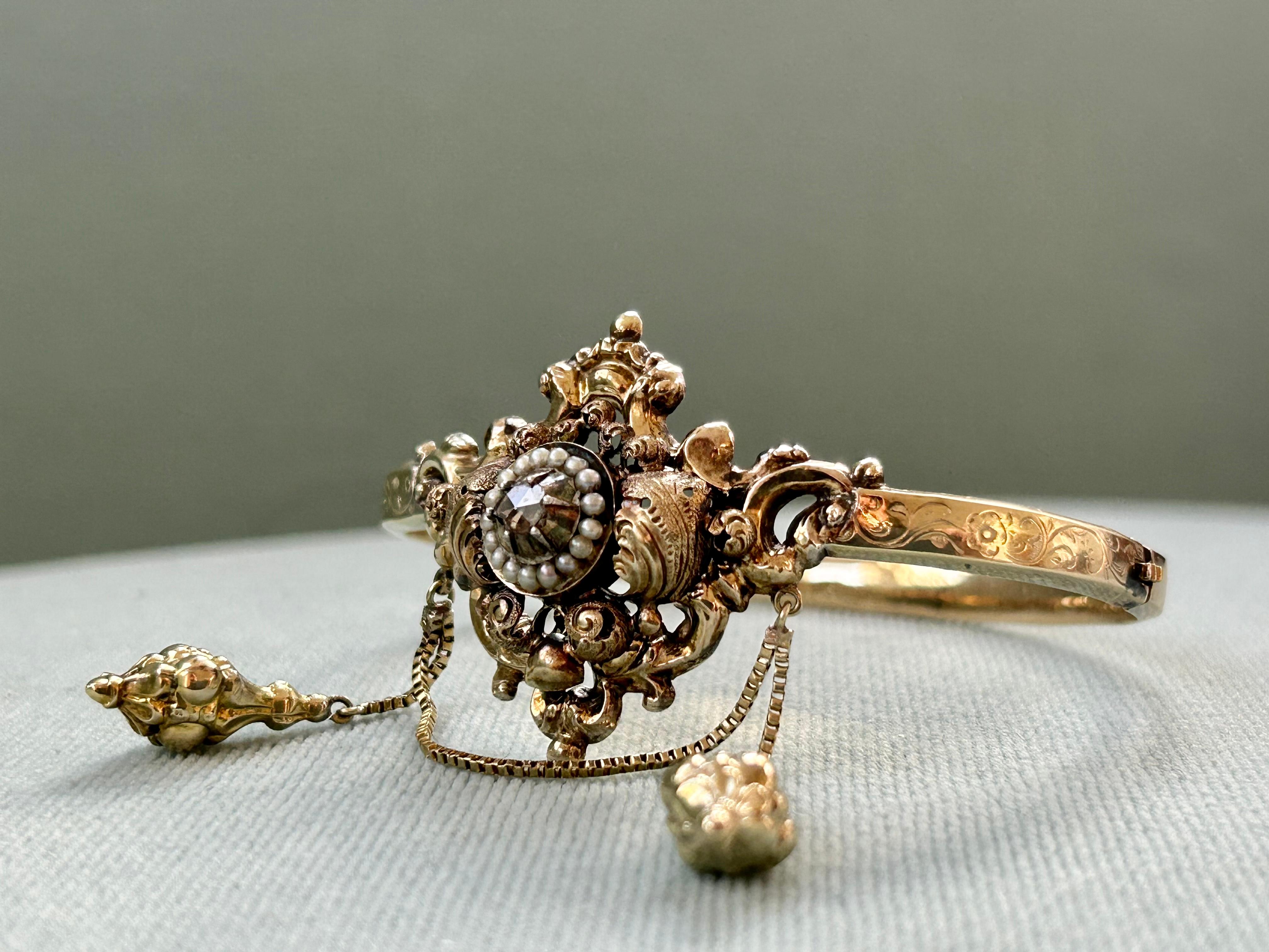 Georgian Seed Pearl and Rose cut Diamond Bangle Bracelet For Sale 1