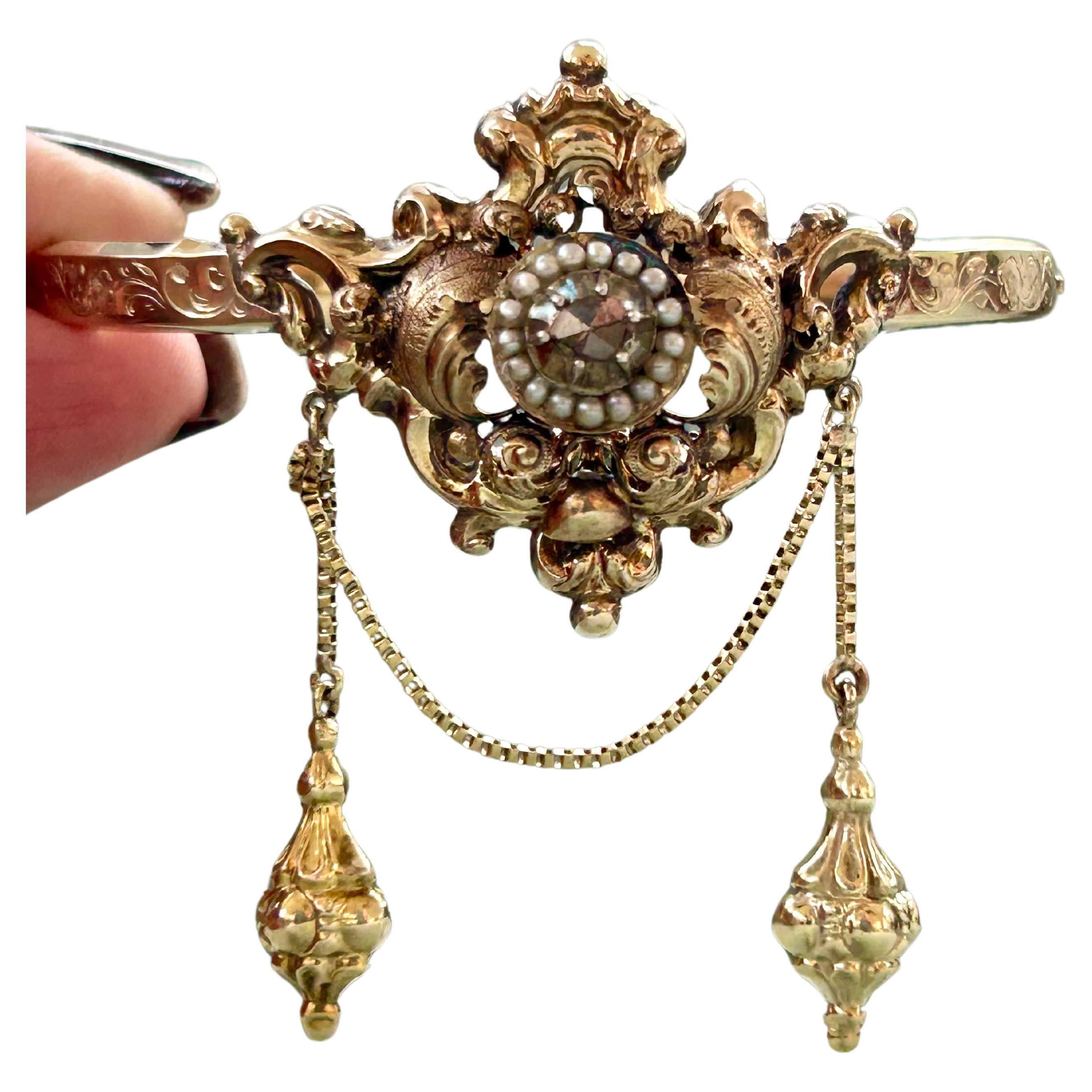 Late Georgian/Early Victorian Seed Pearl and Rose cut Diamond Bangle Bracelet