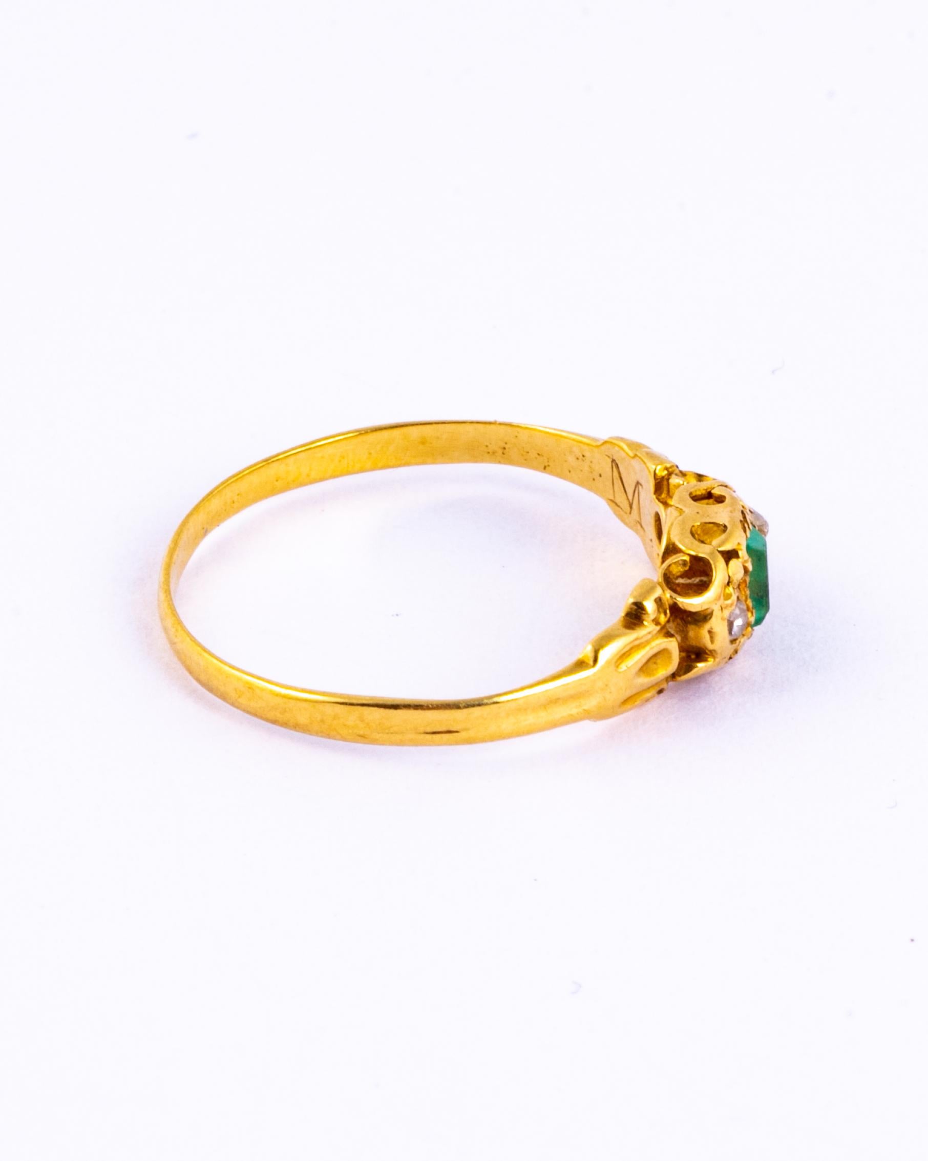 Emerald Cut Late Georgian Emerald and Diamond 18 Carat Gold Ring