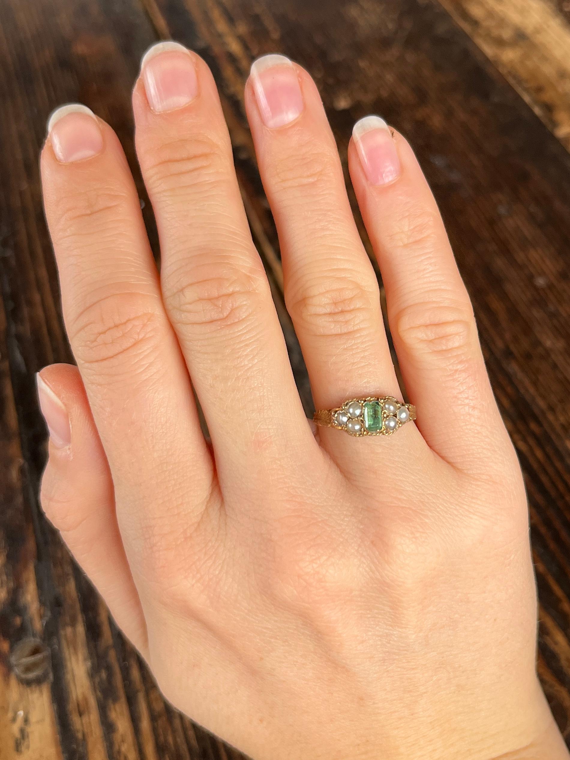 Emerald Cut Late Georgian Emerald and Pearl 15 Carat Gold Ring