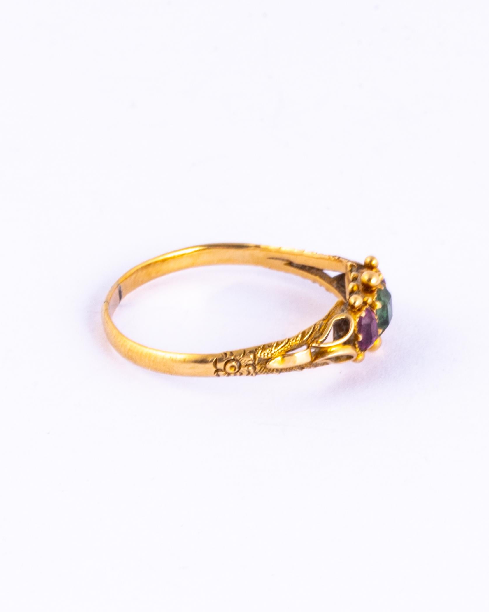 Uncut Late Georgian Emerald and Ruby 18 Carat Gold Ring