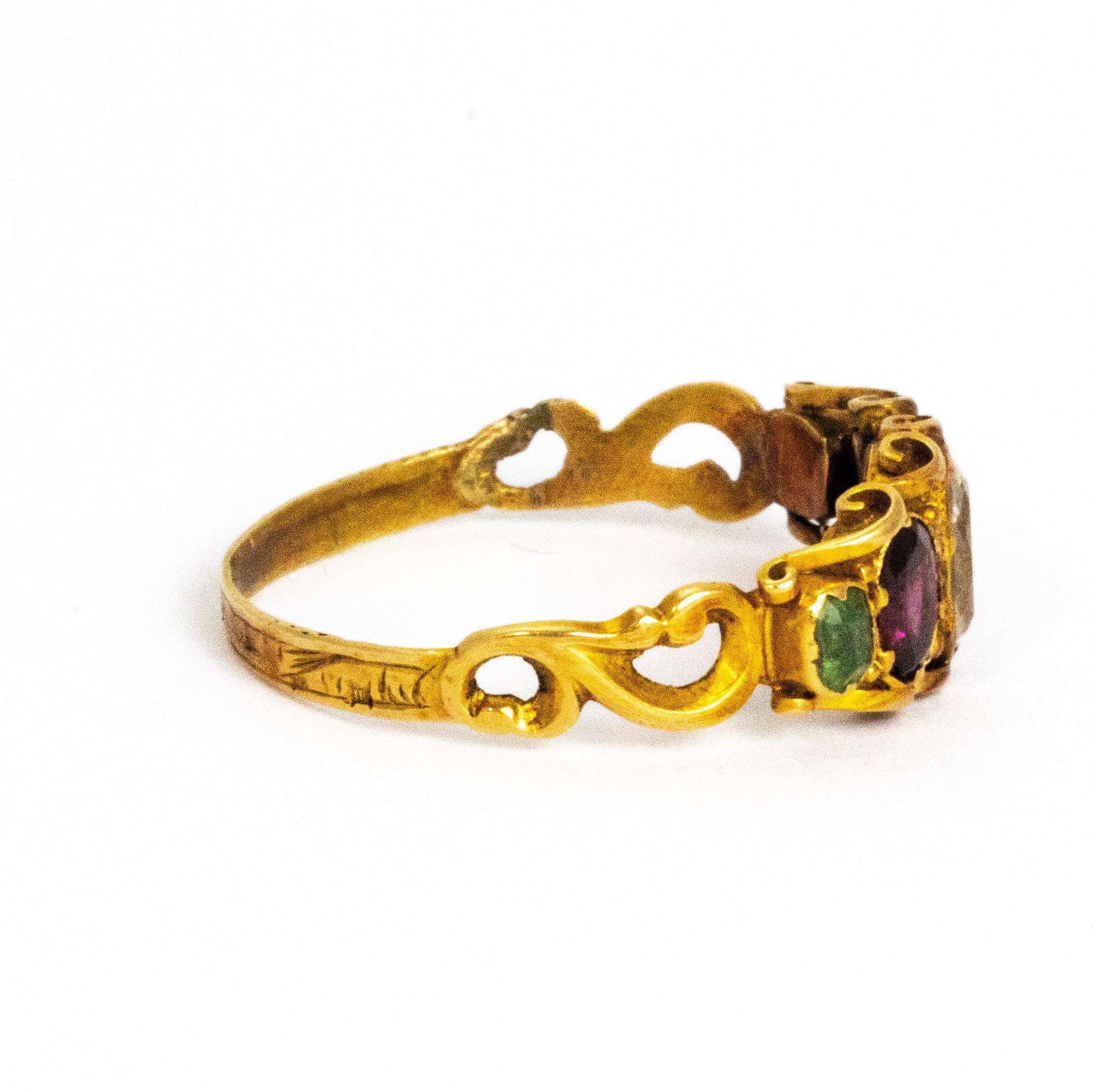 Late Georgian Emerald, Garnet and Chrysoberyl 12 Carat Gold Ring 1