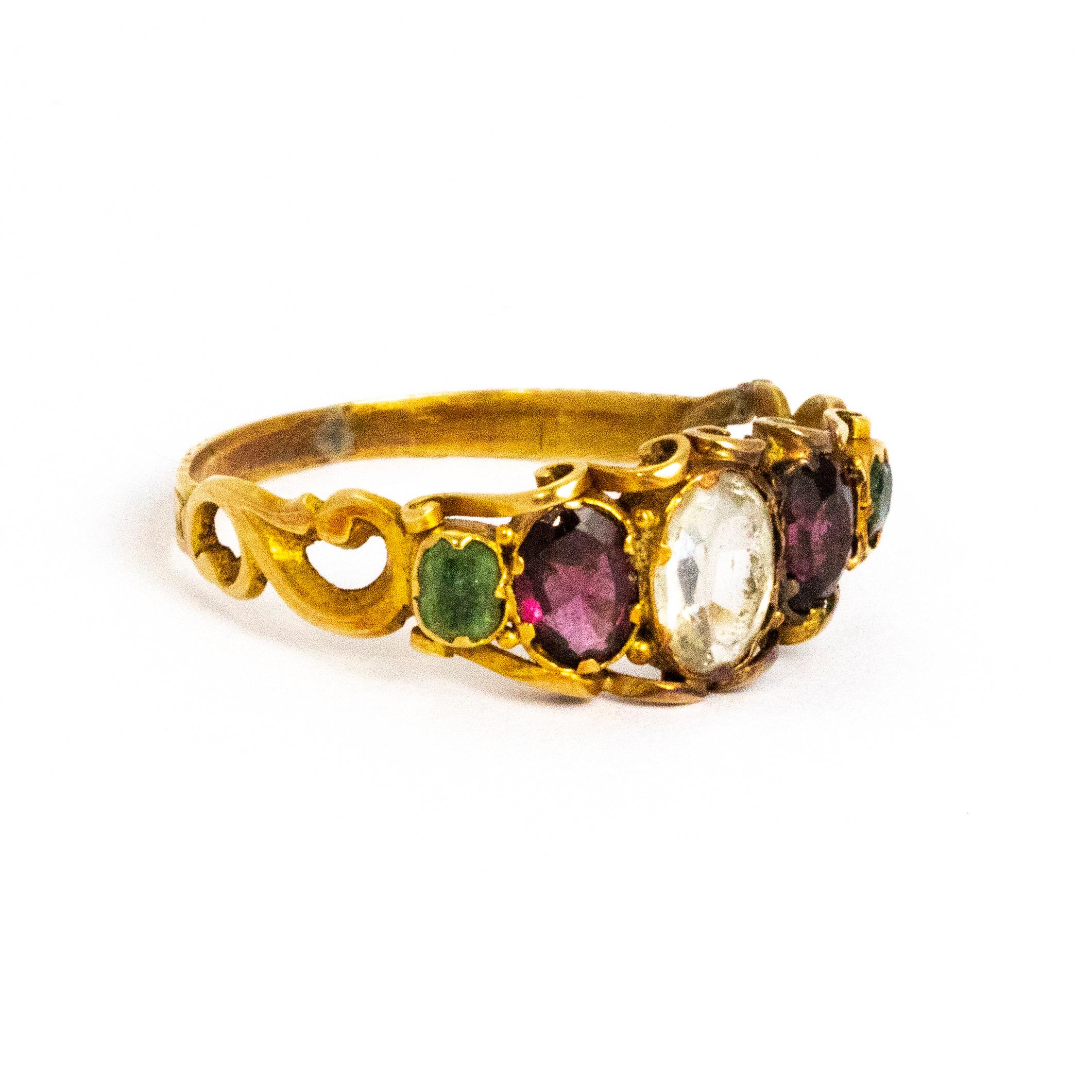Late Georgian Emerald, Garnet and Chrysoberyl 12 Carat Gold Ring 2