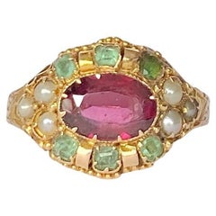 Late Georgian Emerald, Ruby and Pearl 15 Carat Gold Ring