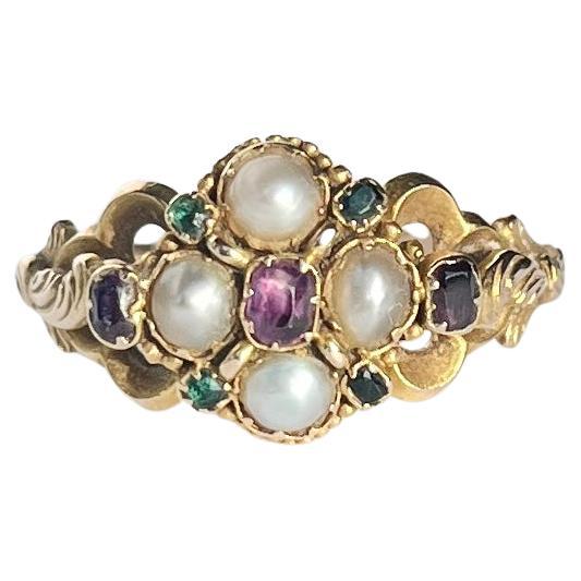 Late Georgian Emerald, Ruby and Pearl 18 Carat Gold Ring