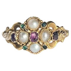 Antique Late Georgian Emerald, Ruby and Pearl 18 Carat Gold Ring