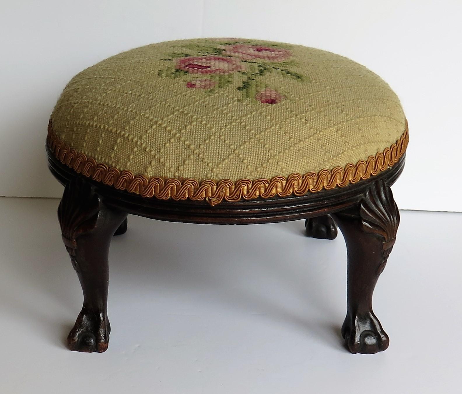 Late Georgian Footstool Carved Shell Ball and Claw Legs Needlework Top, Ca. 1820 1