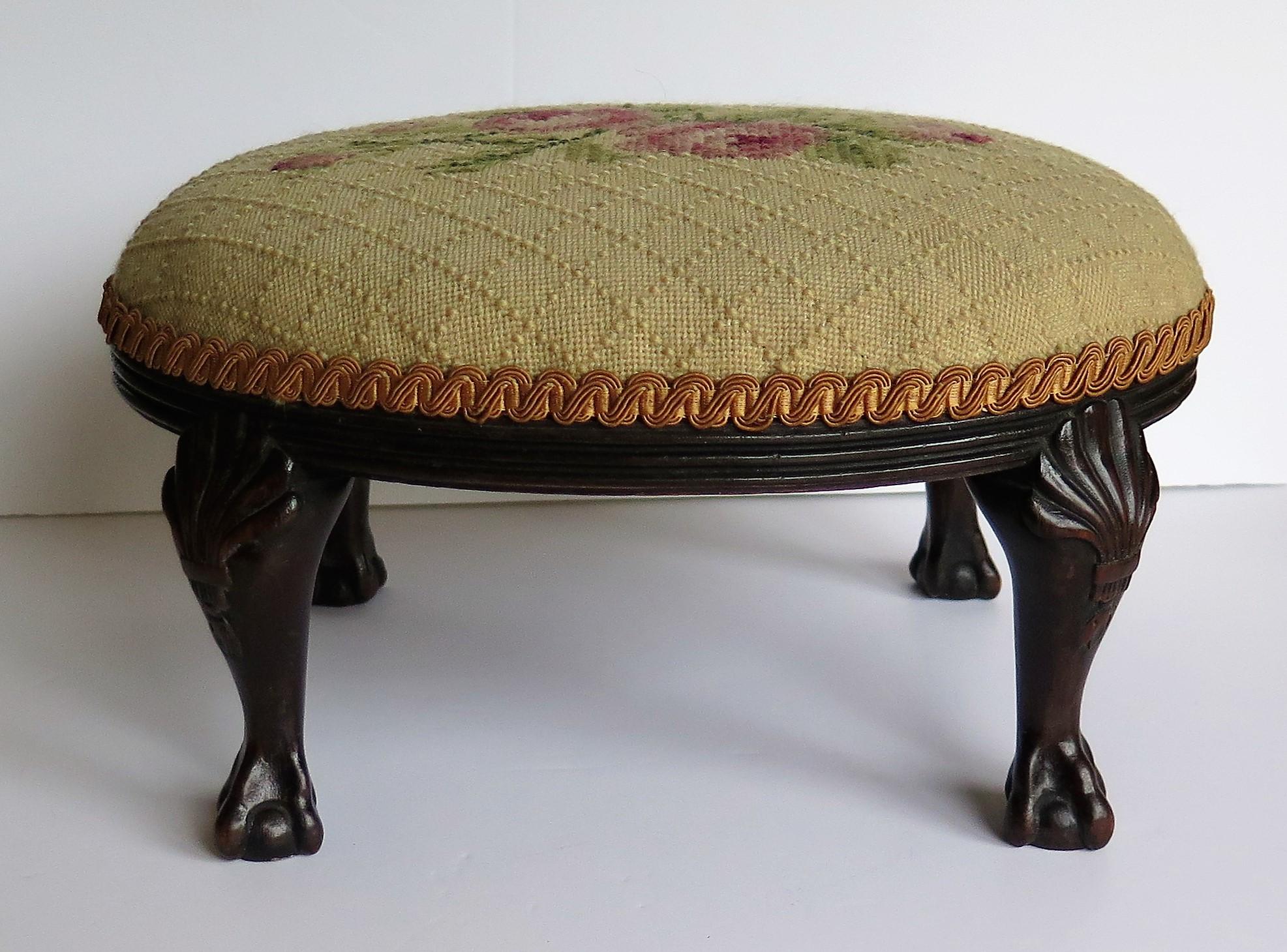 Late Georgian Footstool Carved Shell Ball and Claw Legs Needlework Top, Ca. 1820 2