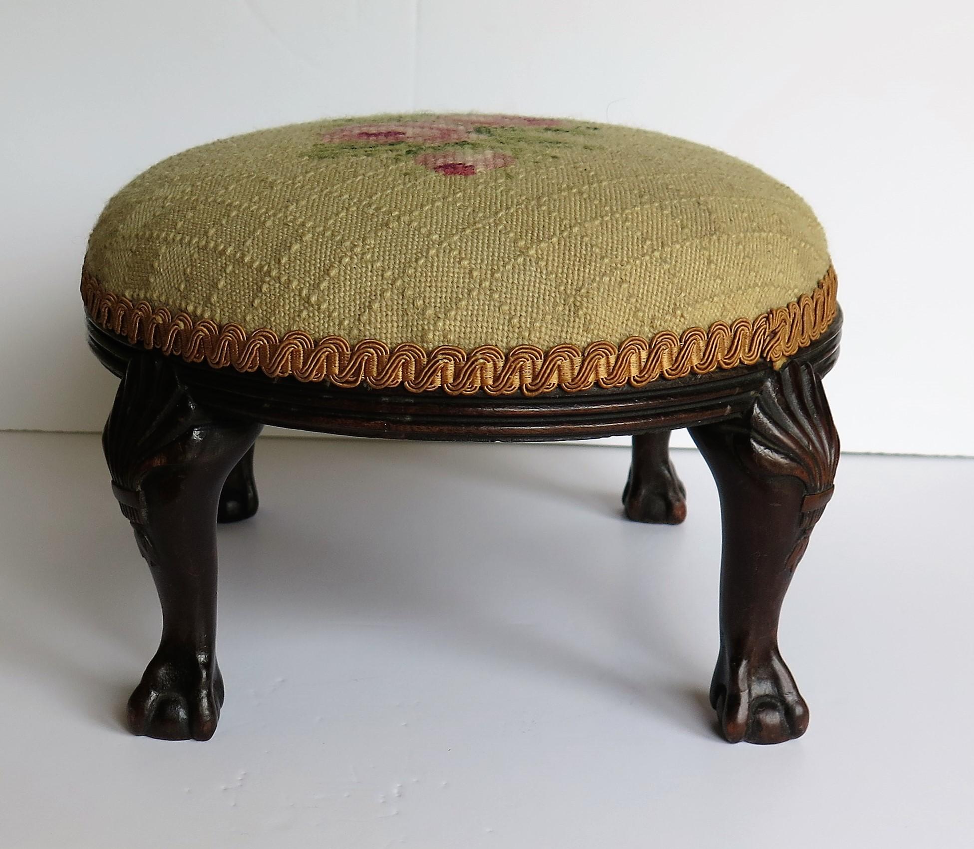 Late Georgian Footstool Carved Shell Ball and Claw Legs Needlework Top, Ca. 1820 3