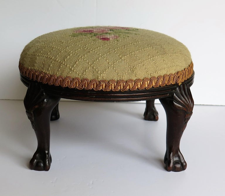 Late Footstool Carved Shell Ball and Claw Legs Needlework Top