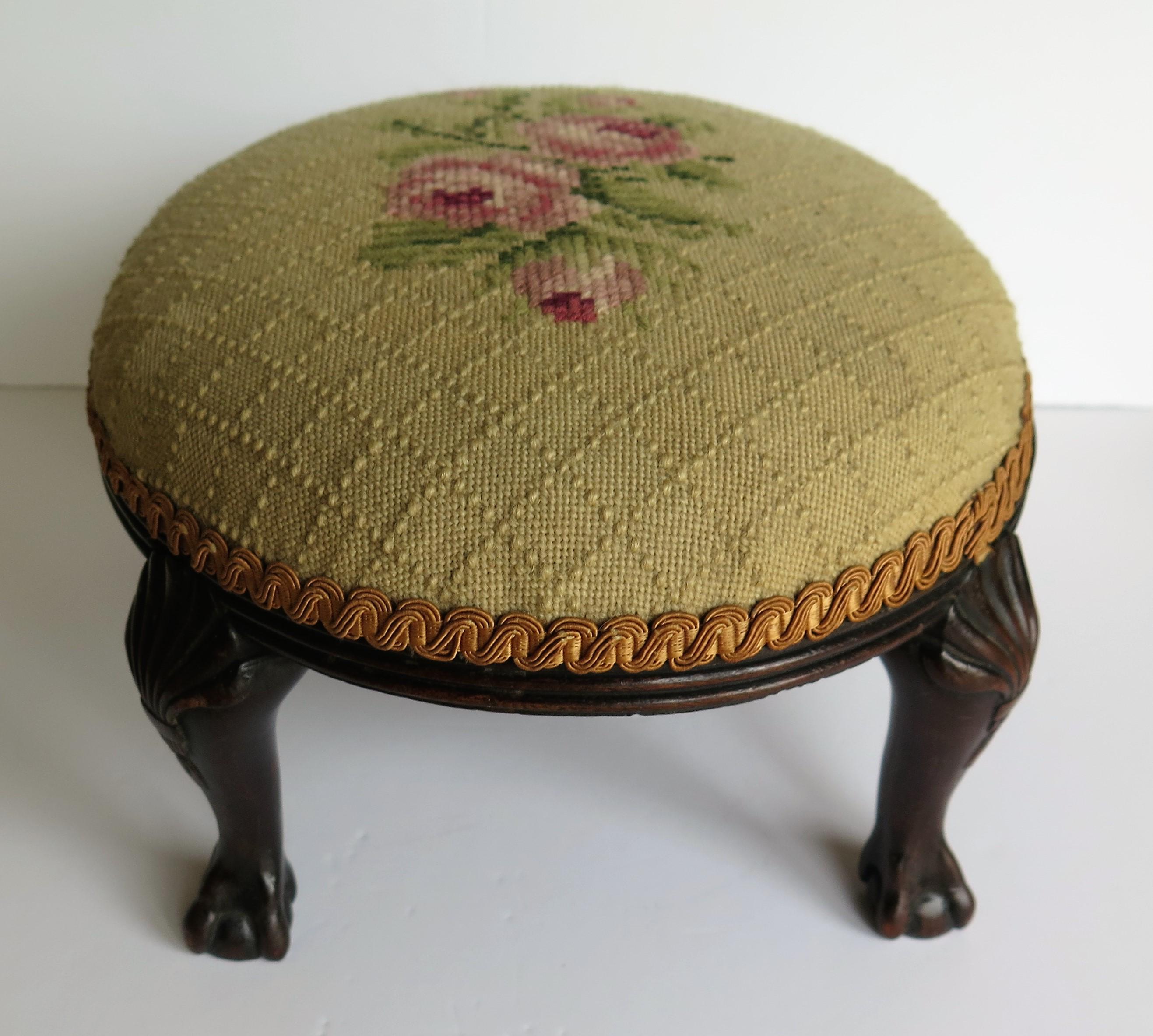 Late Georgian Footstool Carved Shell Ball and Claw Legs Needlework Top, Ca. 1820 4