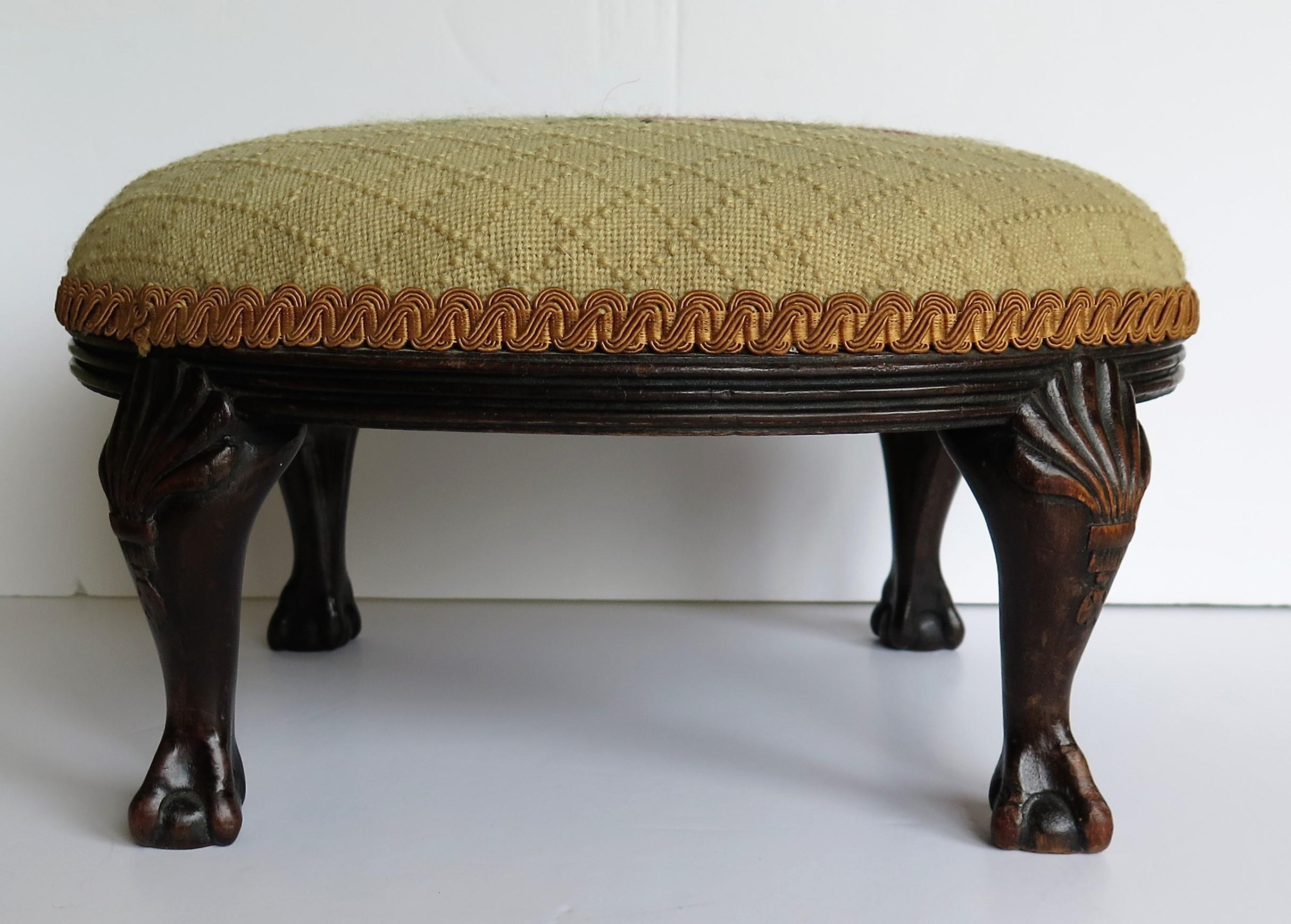 Late Georgian Footstool Carved Shell Ball and Claw Legs Needlework Top, Ca. 1820 5