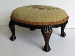 Late Georgian Footstool Carved Shell Ball and Claw Legs Needlework Top, Ca. 1820