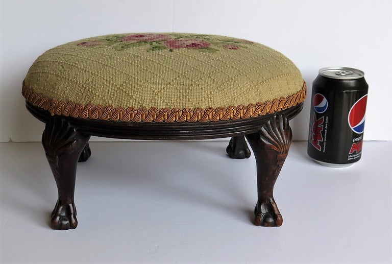 Late Footstool Carved Shell Ball and Claw Legs Needlework Top