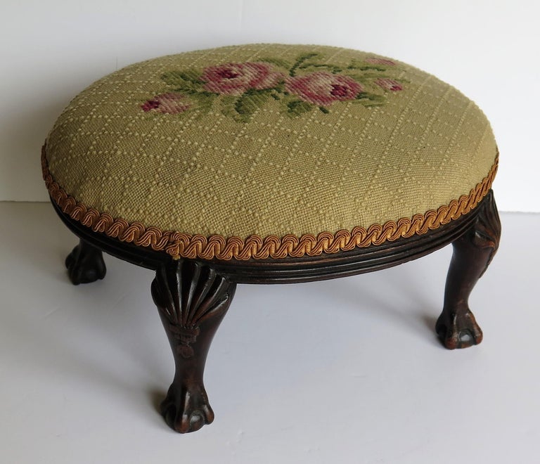 Late Footstool Carved Shell Ball and Claw Legs Needlework Top