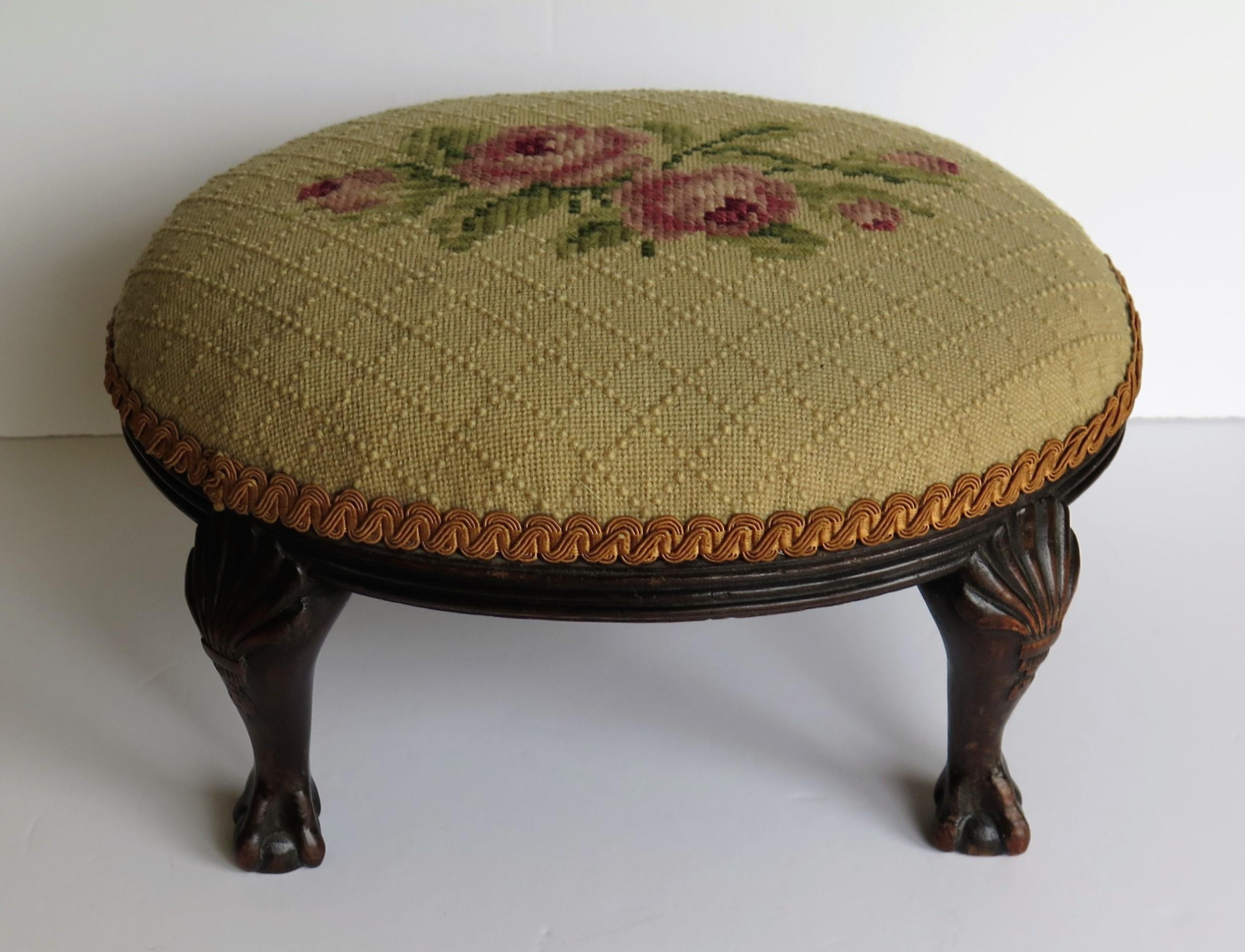 English Late Georgian Footstool Carved Shell Ball and Claw Legs Needlework Top, Ca. 1820