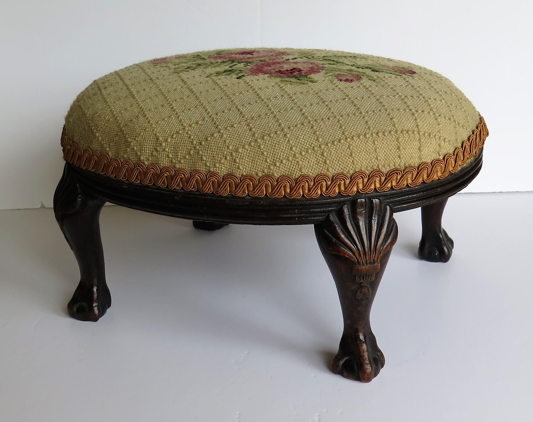 Hand-Crafted Late Georgian Footstool Carved Shell Ball and Claw Legs Needlework Top, Ca. 1820