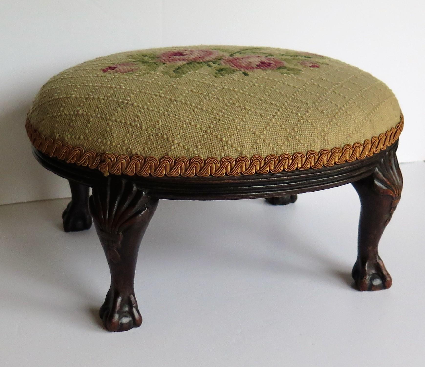 19th Century Late Georgian Footstool Carved Shell Ball and Claw Legs Needlework Top, Ca. 1820