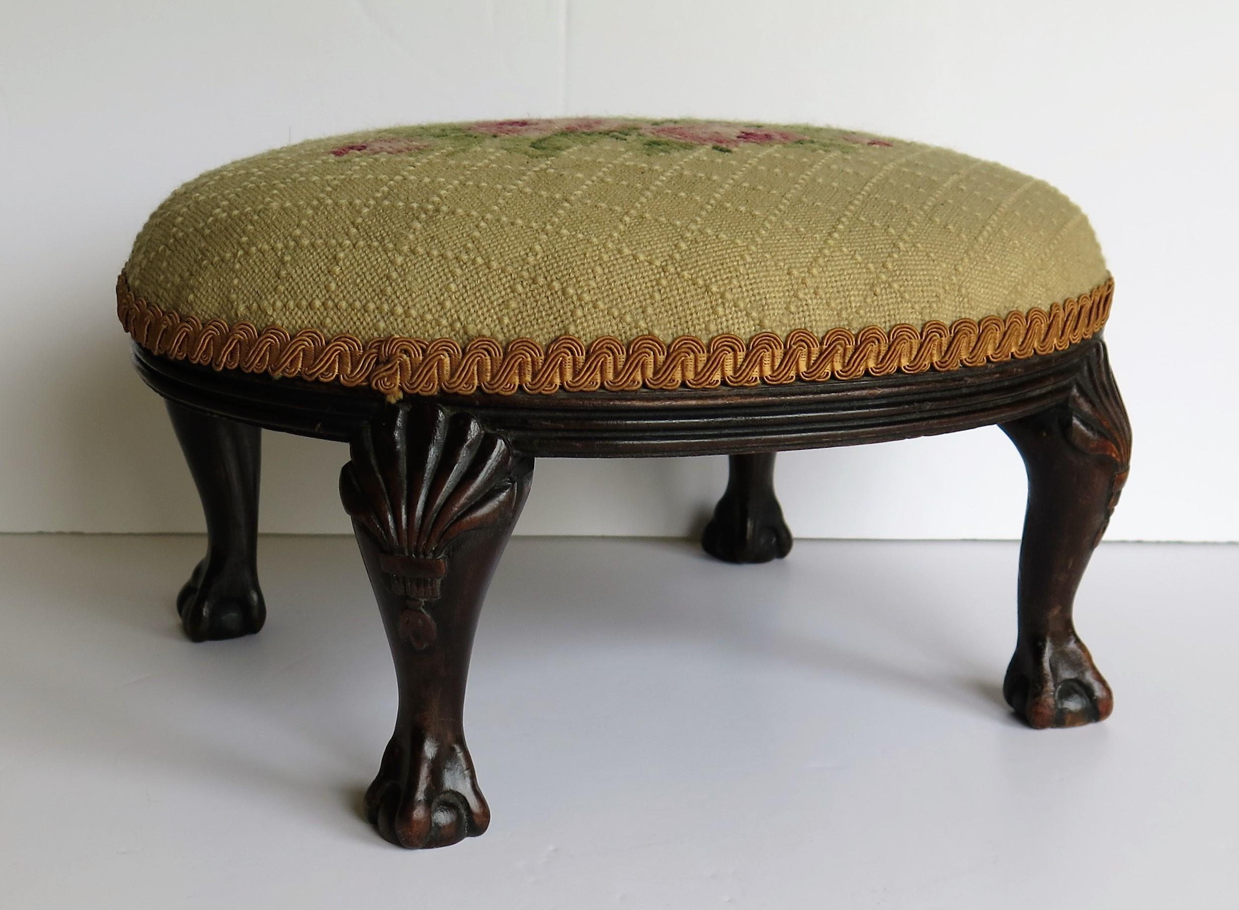 Fabric Late Georgian Footstool Carved Shell Ball and Claw Legs Needlework Top, Ca. 1820