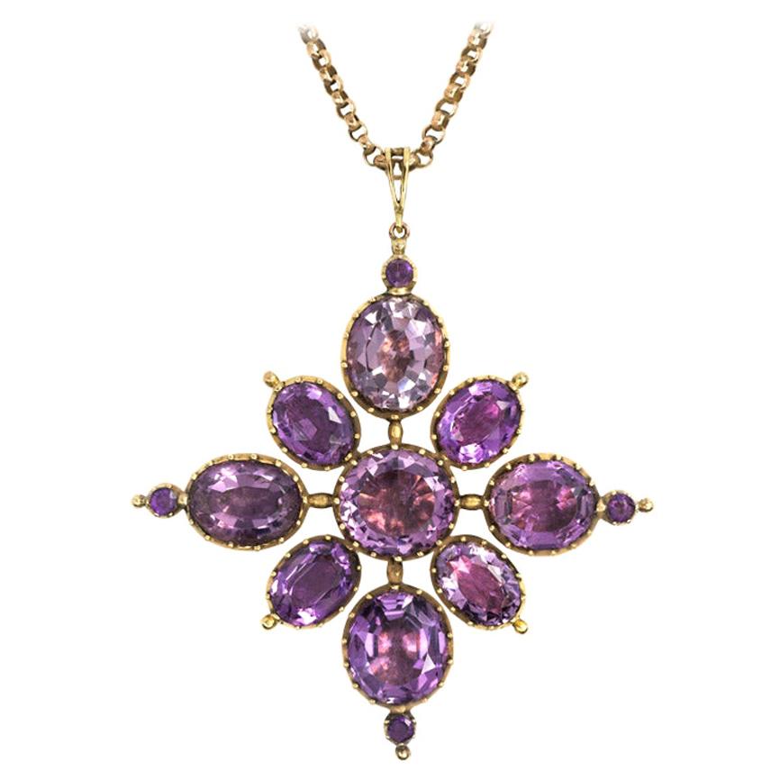 Late Georgian Gold and Amethyst Quatrefoil Cluster Pendant on Chain