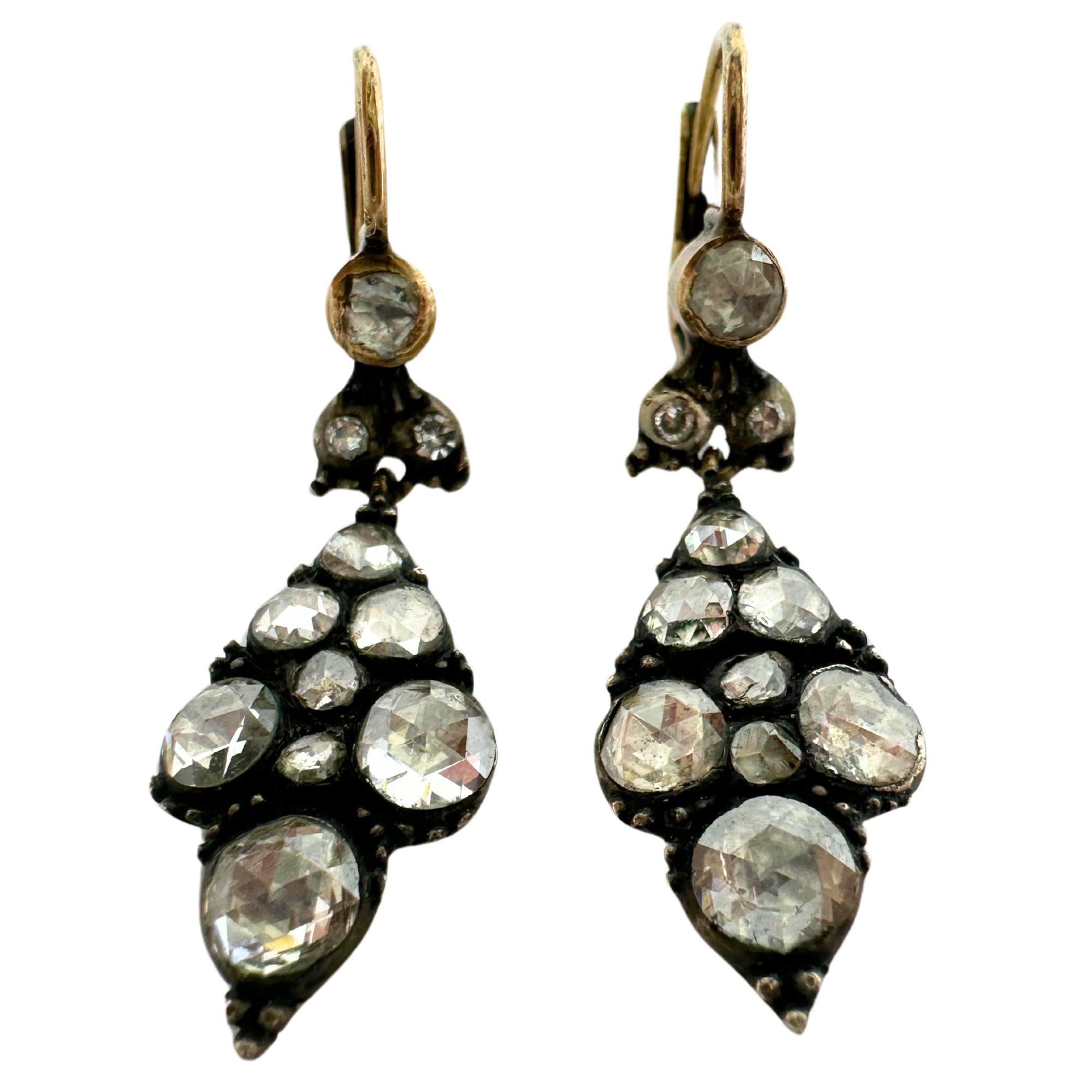 Late Georgian Gold and Silver Top Rose Cut Diamond Earrings 1