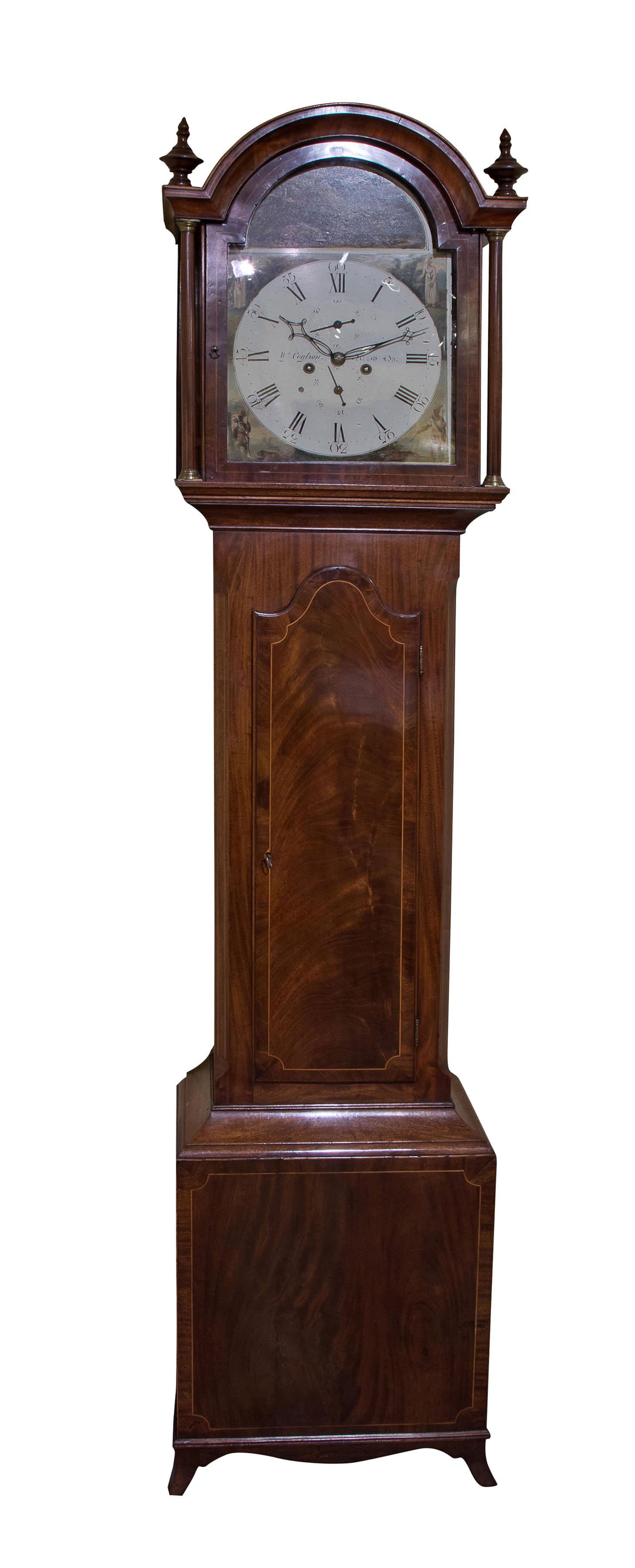 Late Georgian mahogany longcase clock, the painted dial signed WM Coulson of North Shields, with spandrels emblematic of the four continents below an arch painted with wild boar. A finely figured case, crossbanded and string inlay with 8 day