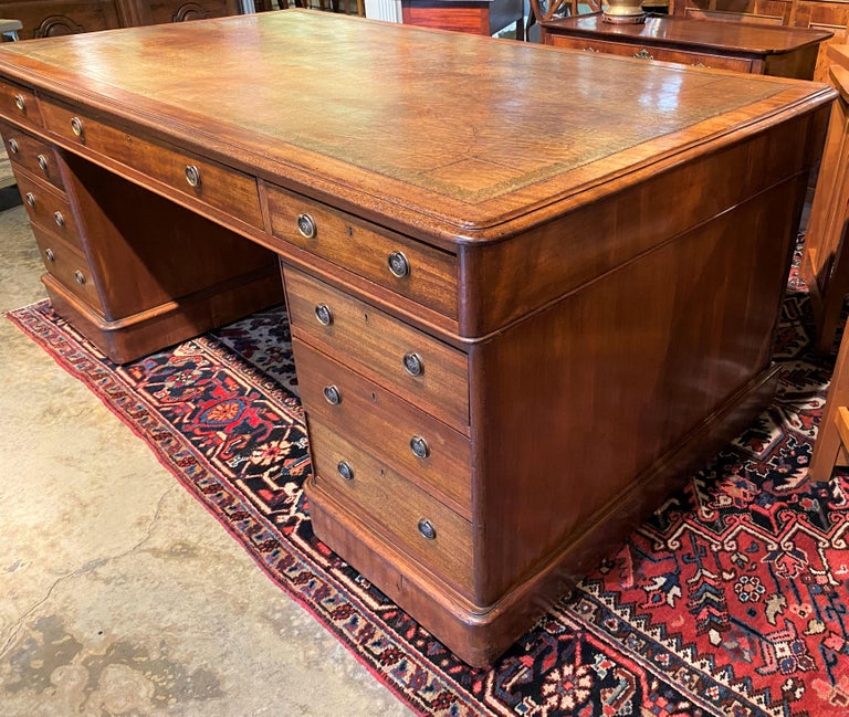 Late Mahogany Partners Desk with Inset Tooled Leather Top at