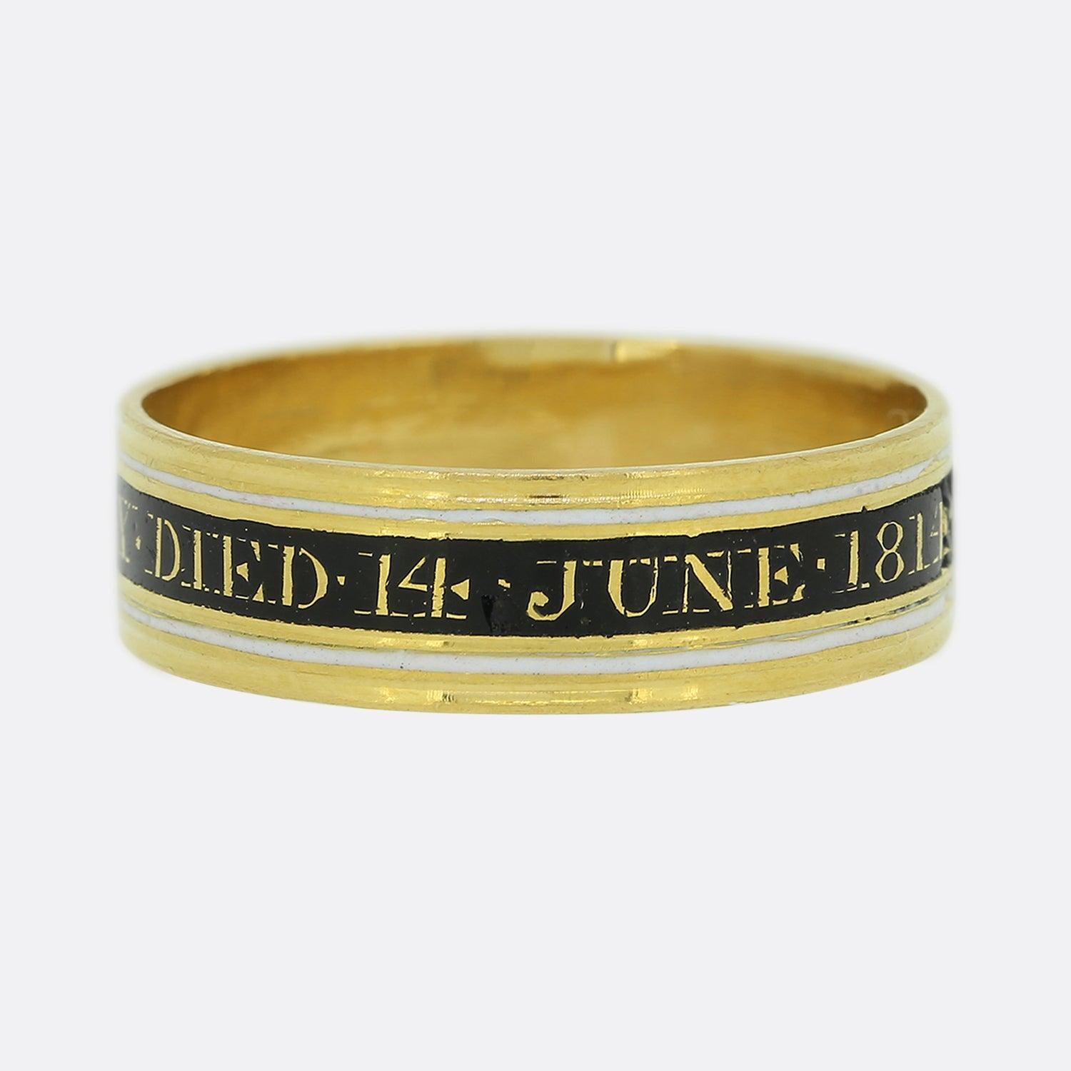 Here we have a wonderful 15ct yellow gold mourning ring from the late Georgian era. This piece has been expertly enamelled in black, white and gold around the mid section of band and finished with the following words:

'ELIZ WEEKLY DIED 14 JUNE 1814