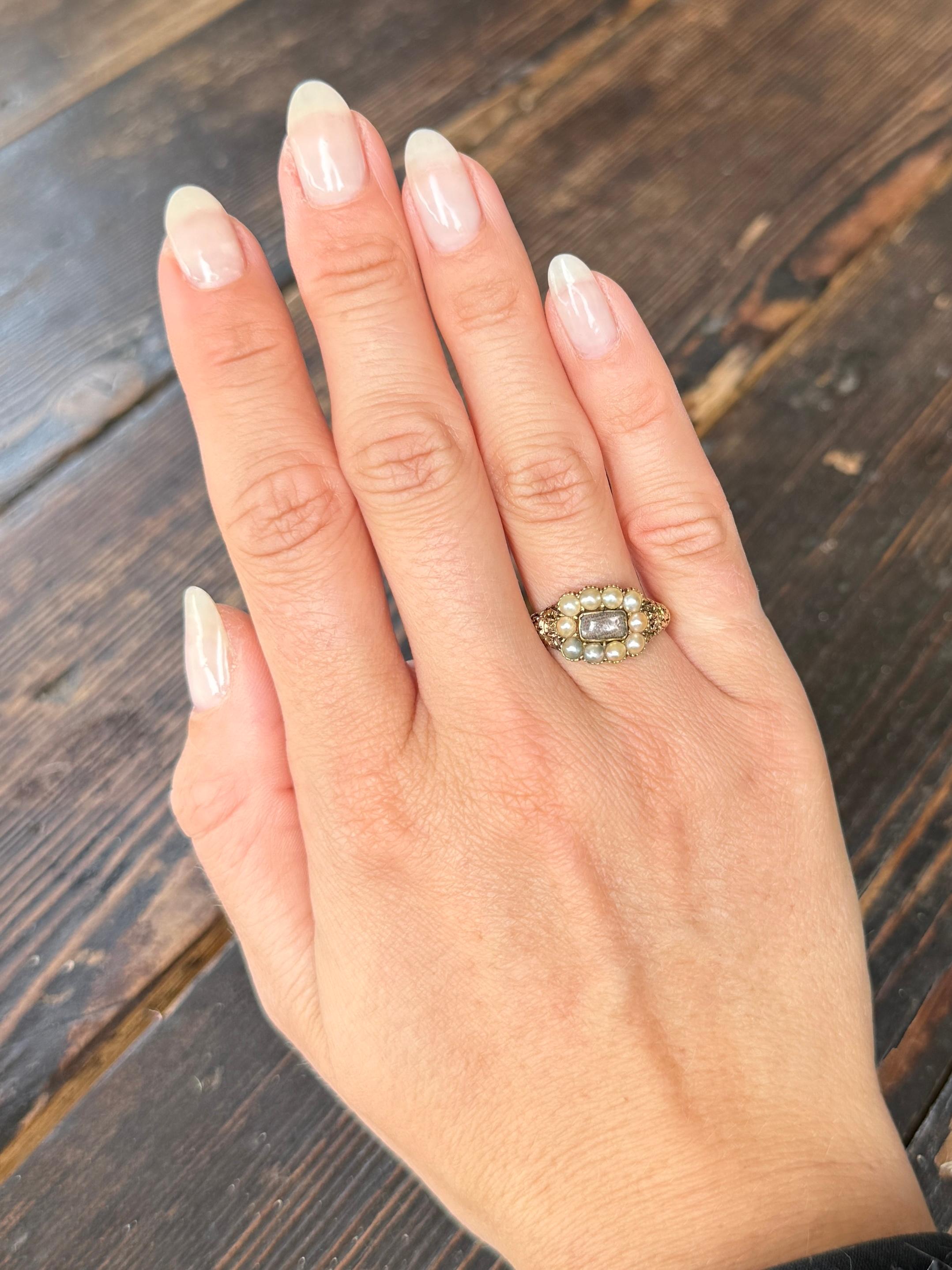 Uncut Late Georgian Pearl and Crystal 9 Carat Gold Mourning Ring For Sale