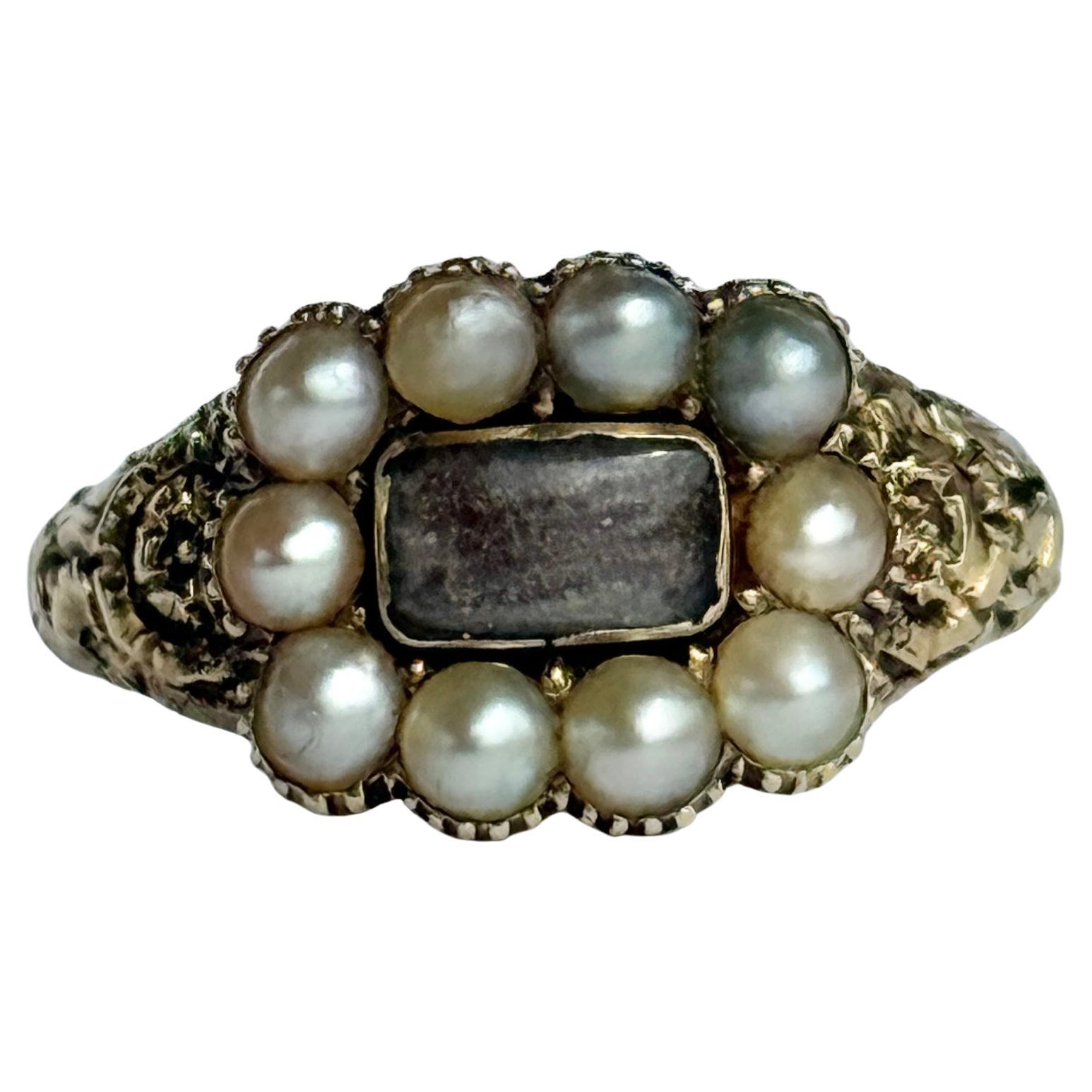 Late Georgian Pearl and Crystal 9 Carat Gold Mourning Ring For Sale