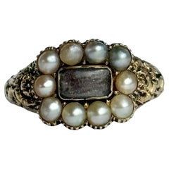 Late Georgian Pearl and Crystal 9 Carat Gold Mourning Ring